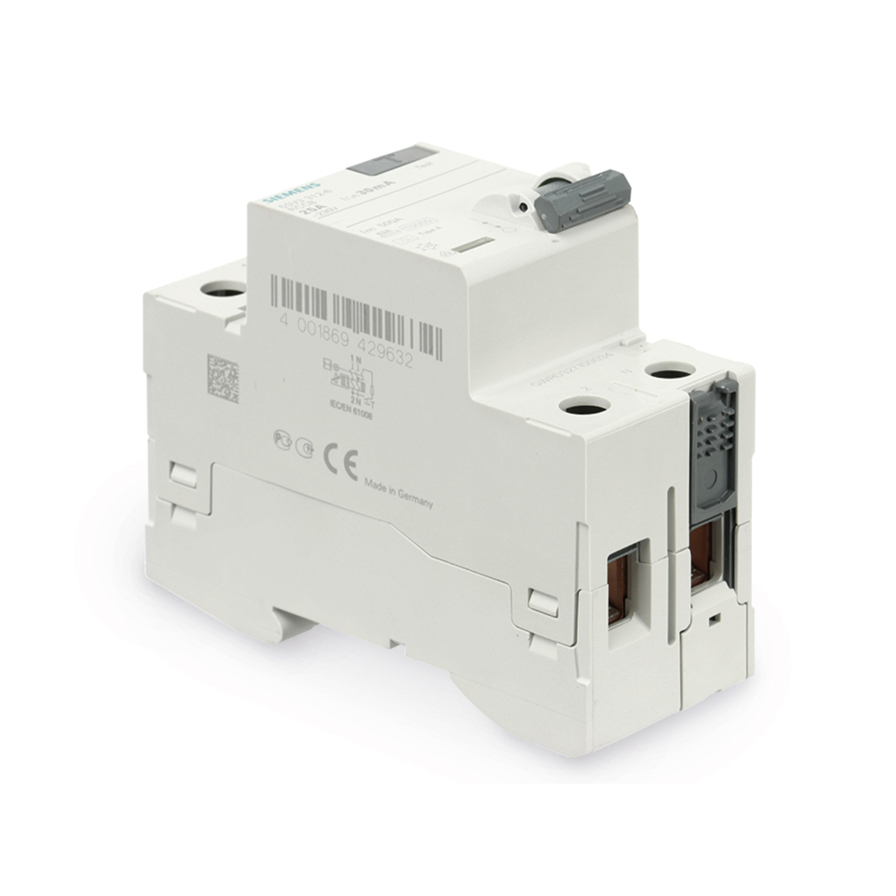Ein weißes elektrisches Gerät mit grauem Schalter. Es hat Etiketten und Markierungen, hergestellt in Deutschland. Details umfassen Modell und Spezifikationen.