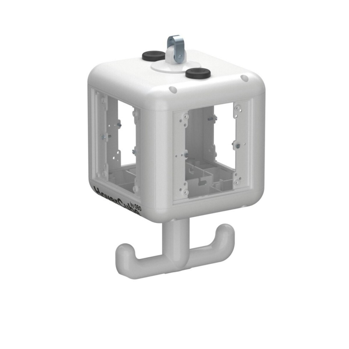 Un dispositivo bianco a forma di cubo con lati aperti e un gancio. Due pulsanti neri sopra e una maniglia metallica. La base ha due ganci.