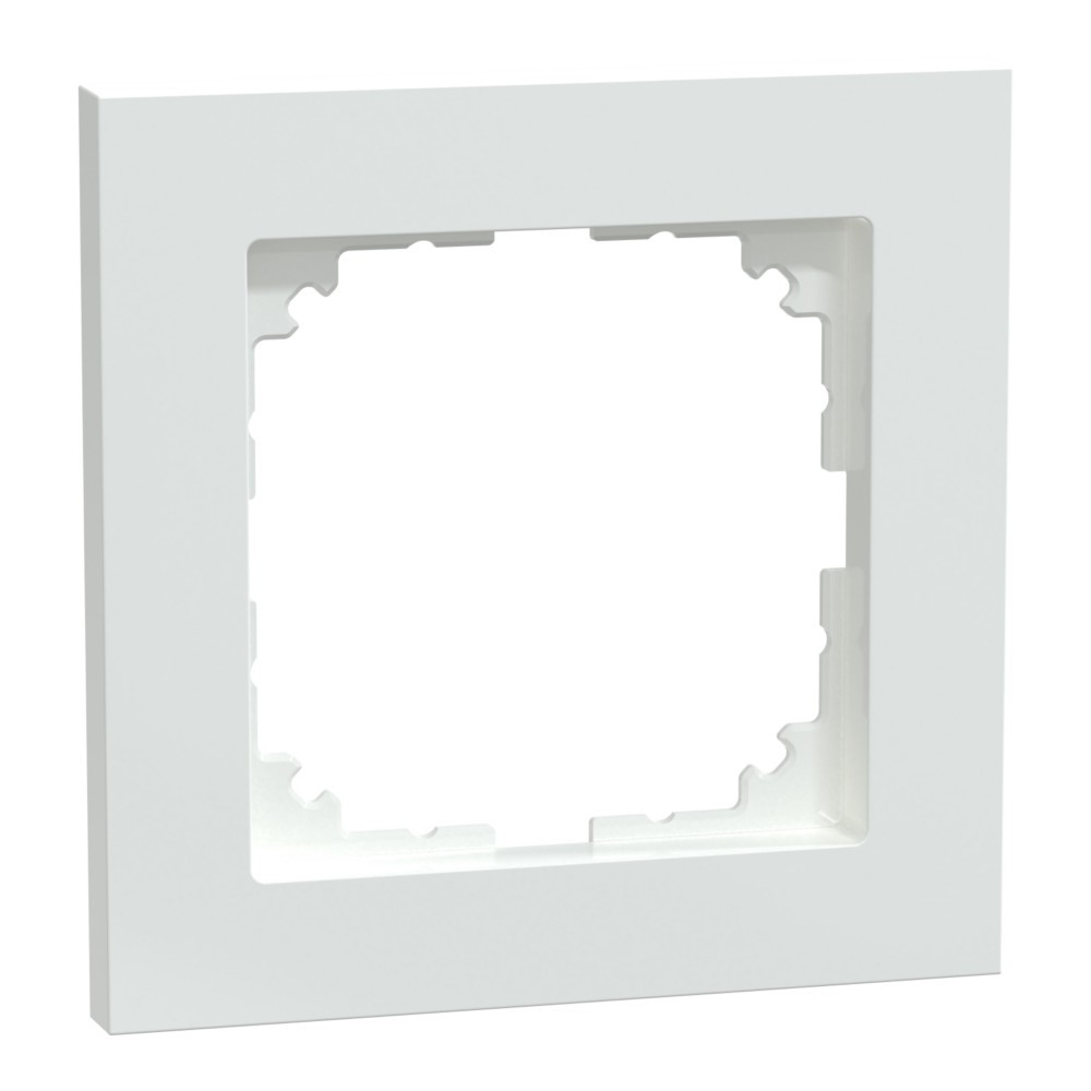 Una copertura per presa elettrica quadrata bianca. Ha un'apertura quadrata incassata al centro con un bordo decorativo.