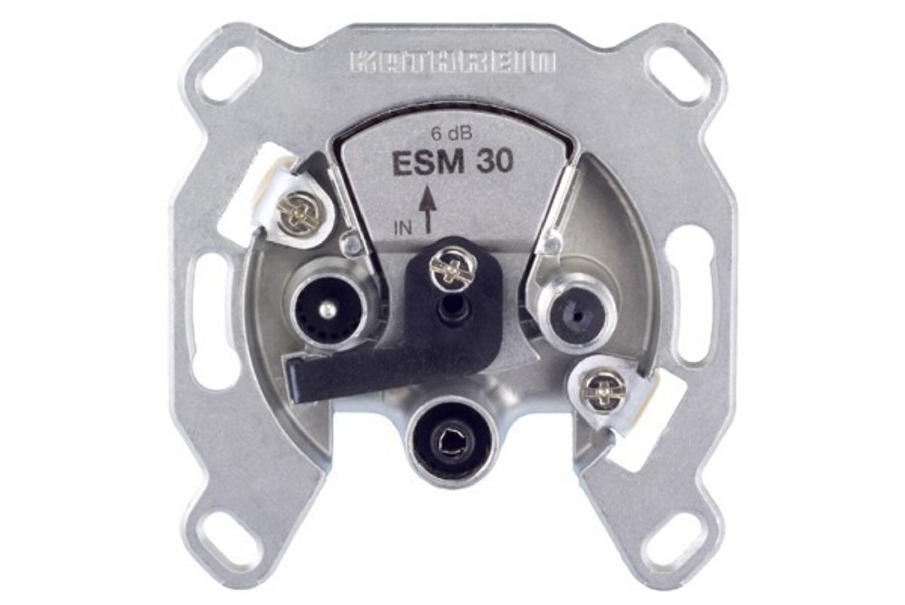 Un dispositivo Kathrein ESM 30 argentato. Ha più porte, viti e una freccia che indica 'IN'. Il testo '6 dB' è visibile.
