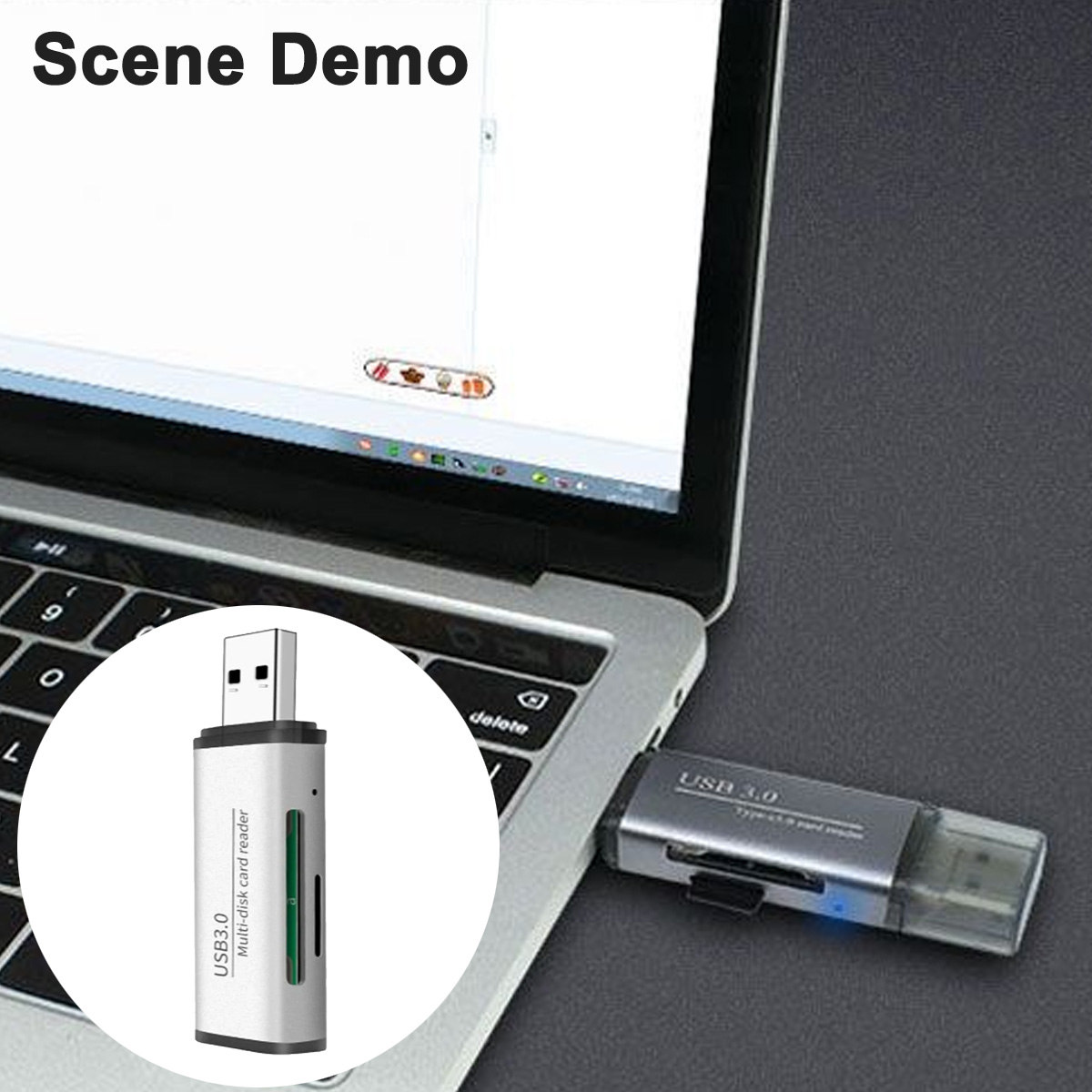 Laptop mit eingestecktem USB-Kartenleser. Ein zweiter Leser wird gezeigt, und ein kreisförmiges Bild eines anderen Lesers ist ebenfalls vorhanden.