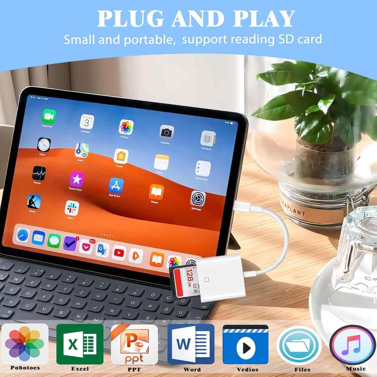 Tablet mit SD-Kartenleser. Apps auf dem Bildschirm, Pflanze im Hintergrund, Tastatur unten, Produktsymbole unten.