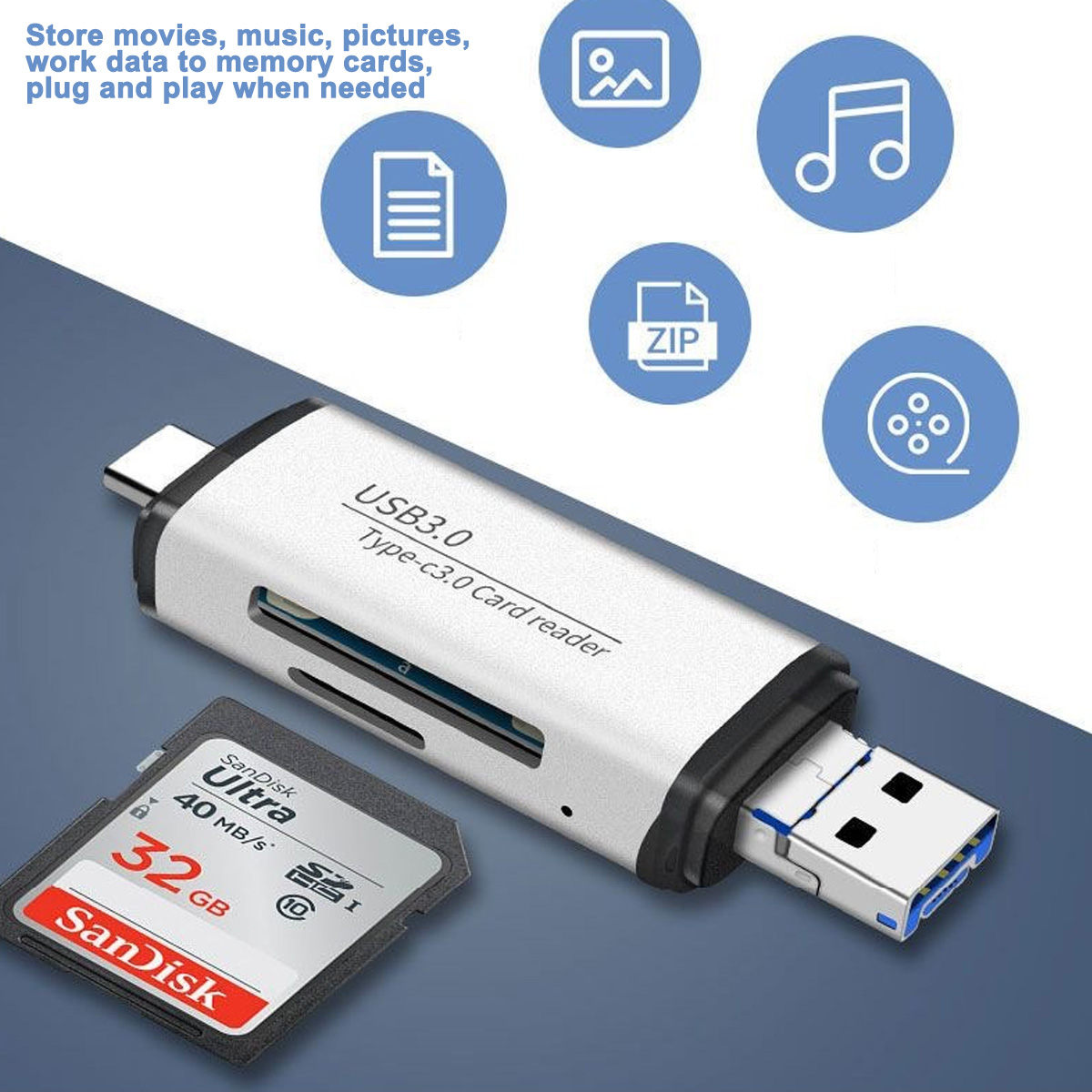 Ein silberner USB-Kartenleser mit einer Sandisk-Speicherkarte daneben. Blaue Symbole befinden sich im Hintergrund.