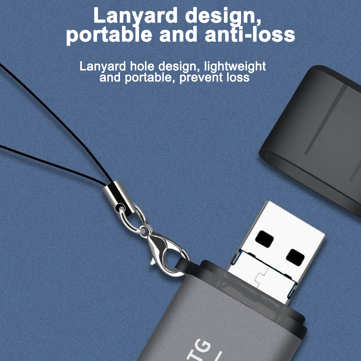 Ein grauer USB-Stick mit Lanyard. Der Hintergrund ist blau. Text-Overlay zeigt an, dass er tragbar und verlustsicher ist.