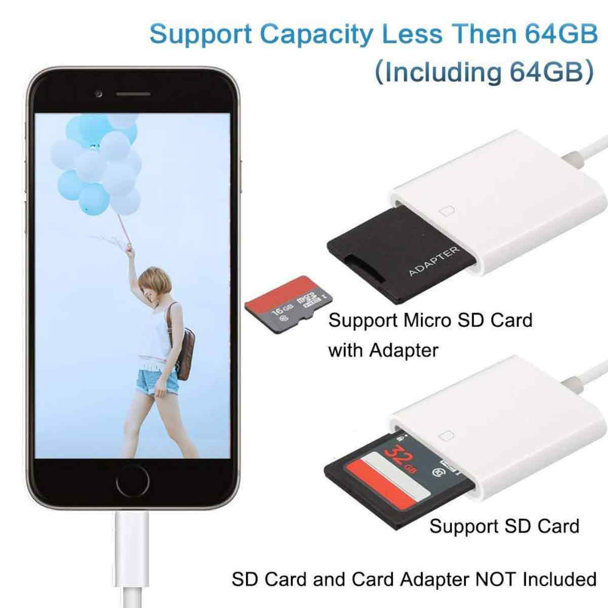 Ein iPhone mit einer Frau, die Ballons auf dem Bildschirm hält. SD-Karte und Adapter mit Text. Kapazitätsunterstützung weniger als 64 GB.