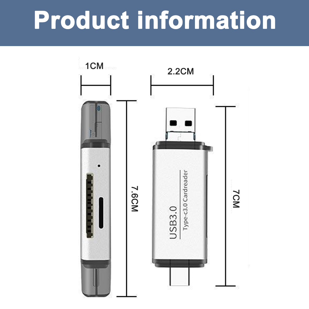 Das Bild zeigt zwei USB-Kartenleser mit Abmessungen. Einer ist 7,6 cm lang und 1 cm breit. Der andere ist 7 cm lang und 2,2 cm breit.