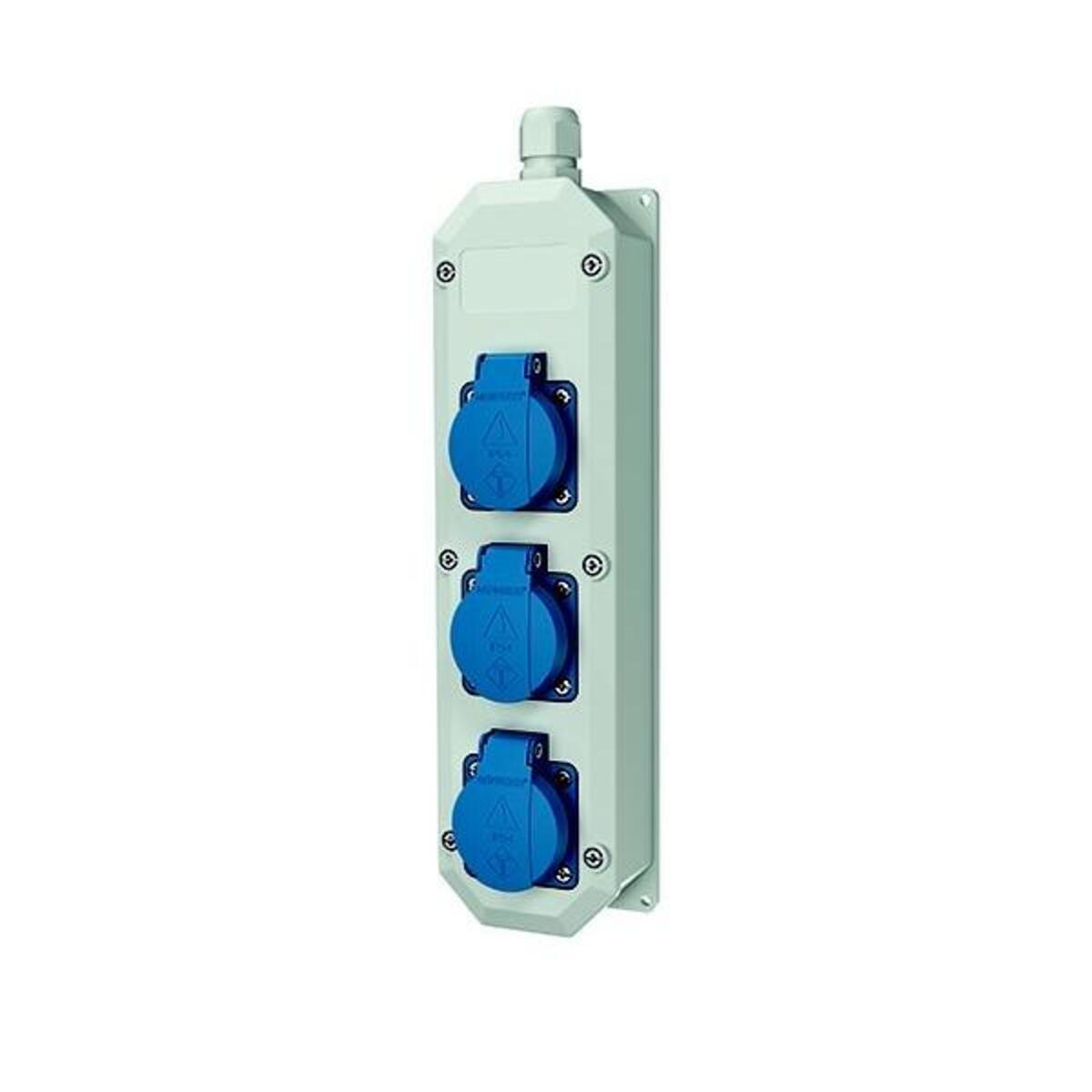 Una presa elettrica verticale con tre coperchi blu. L'alloggiamento è grigio chiaro con una parte superiore bianca.