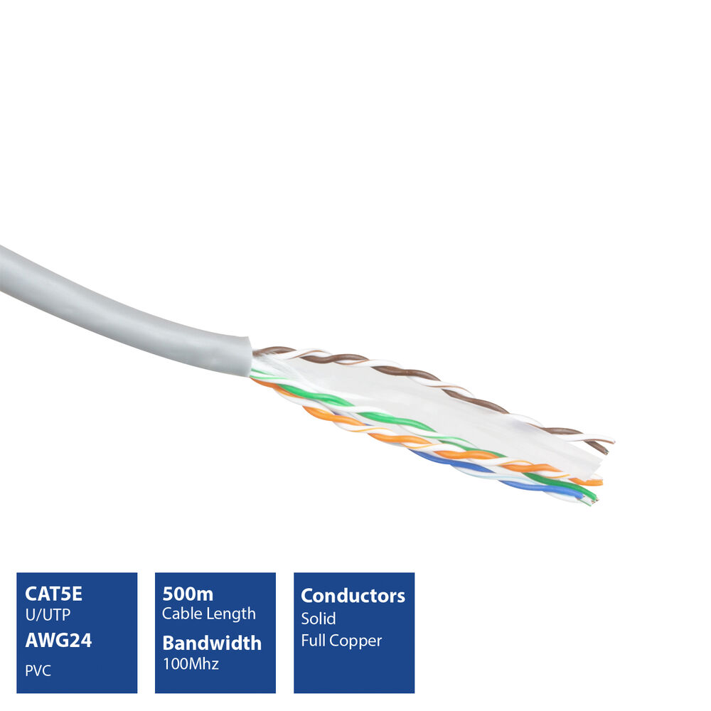 Un cavo CAT5E grigio con fili colorati esposti. Le caselle di testo descrivono le specifiche del cavo: lunghezza 500 m, larghezza di banda 100 MHz e conduttori in rame massiccio.