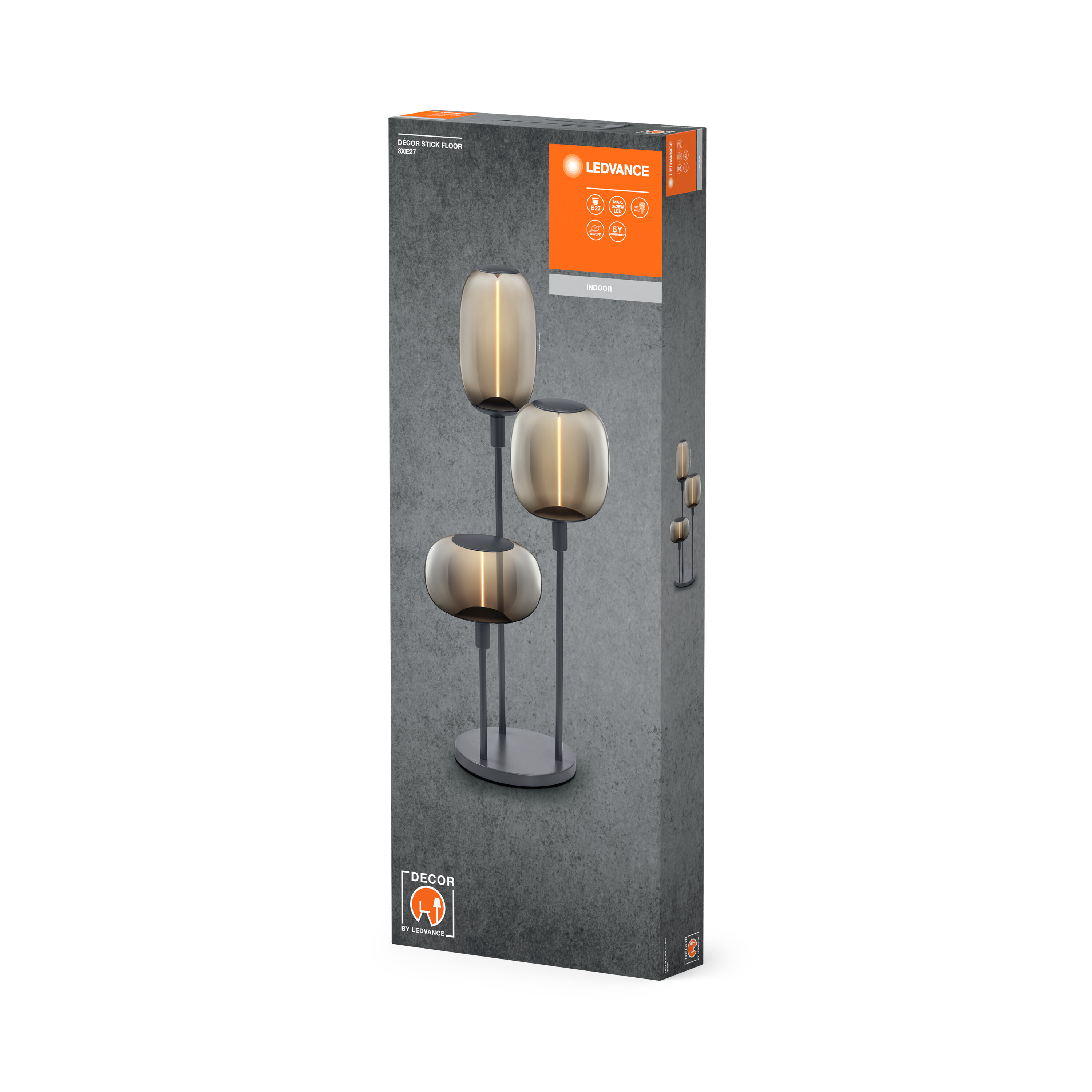 Eine Produktverpackung zeigt eine Stehlampe. Sie hat drei Lampen in goldbrauner Farbe. Auf der Box steht LEDVANCE.