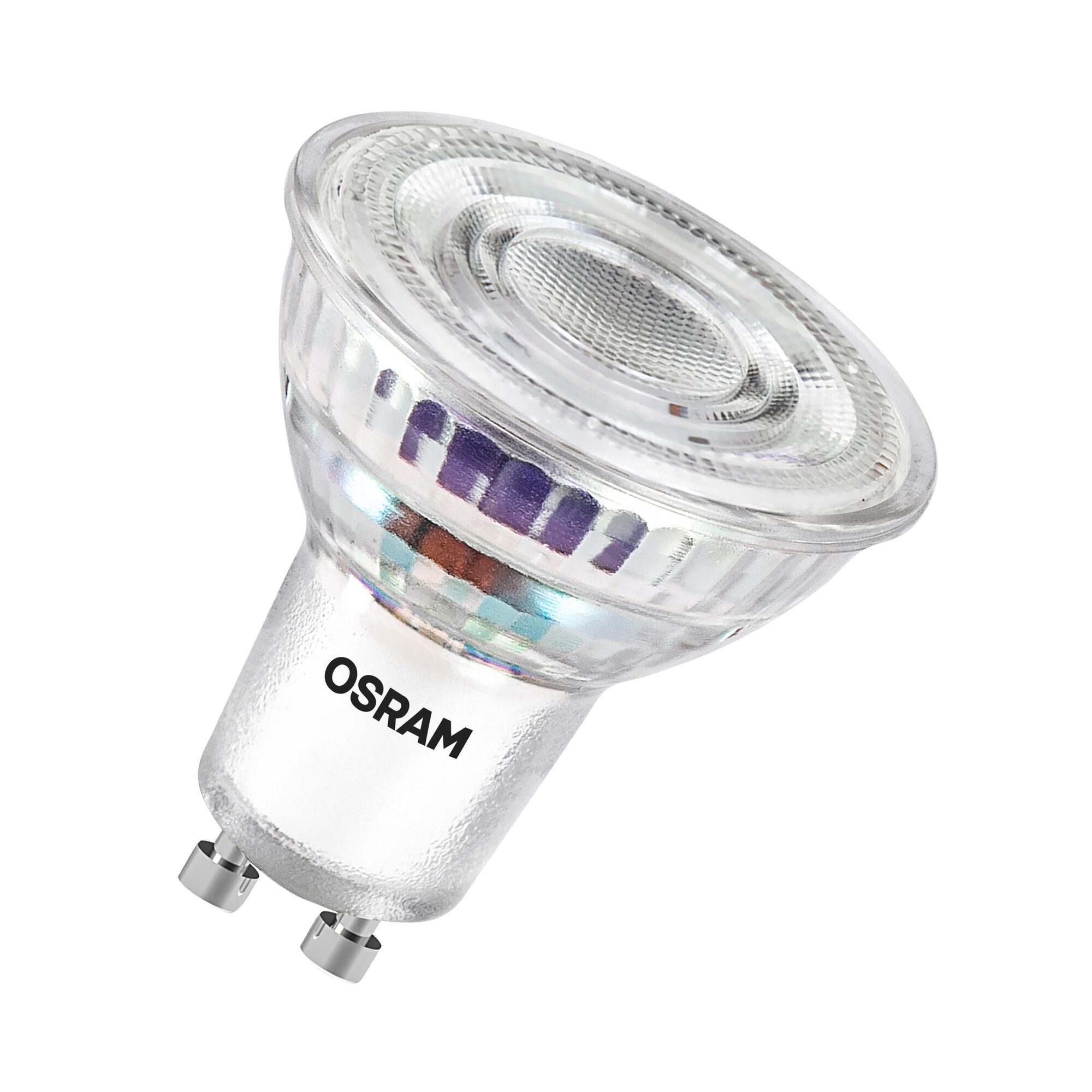Eine klare, glasartige LED-Glühbirne mit dem Markennamen 'OSRAM' auf der Seite. Sie hat einen Metallsockel mit zwei Stiften.