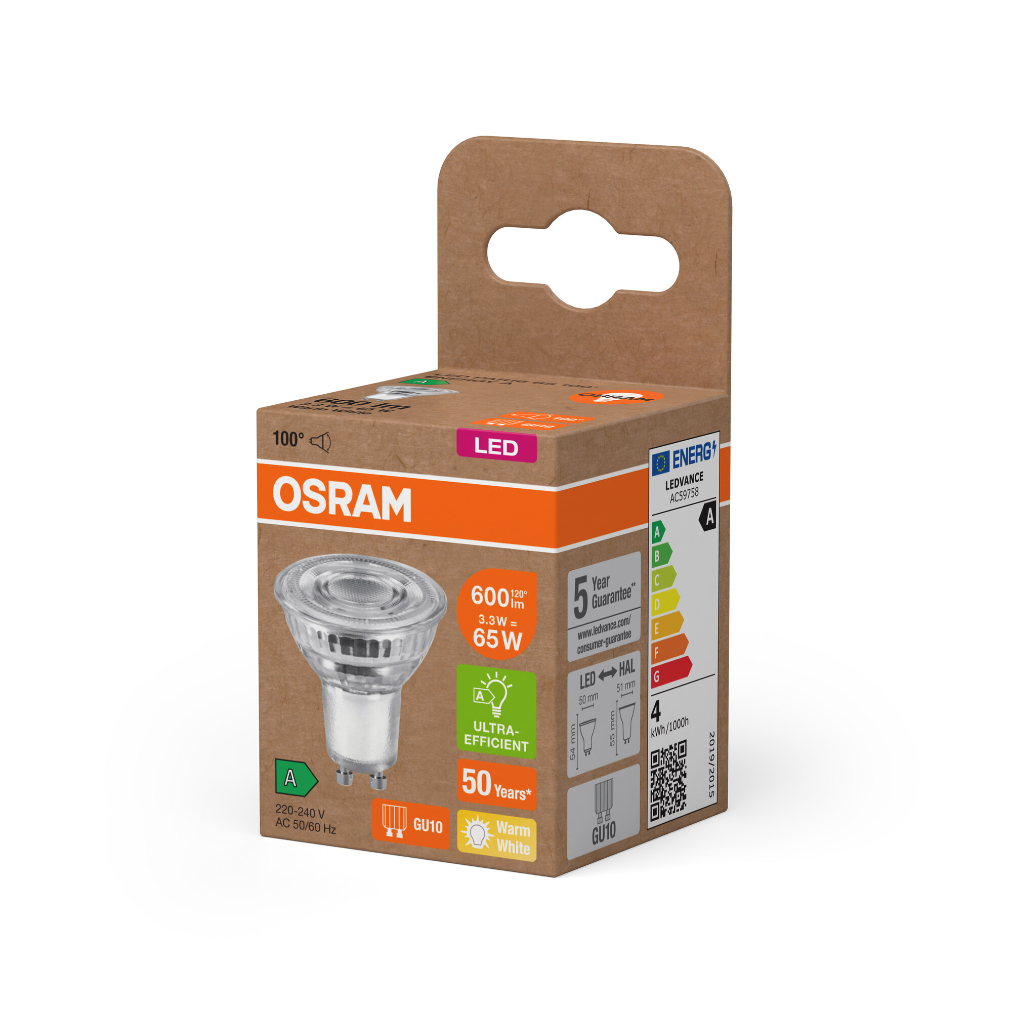 Eine Schachtel mit OSRAM LED-Glühbirne. Die Schachtel ist braun mit orangefarbenen Details. Sie zeigt die Glühbirne und Energieinformationen.