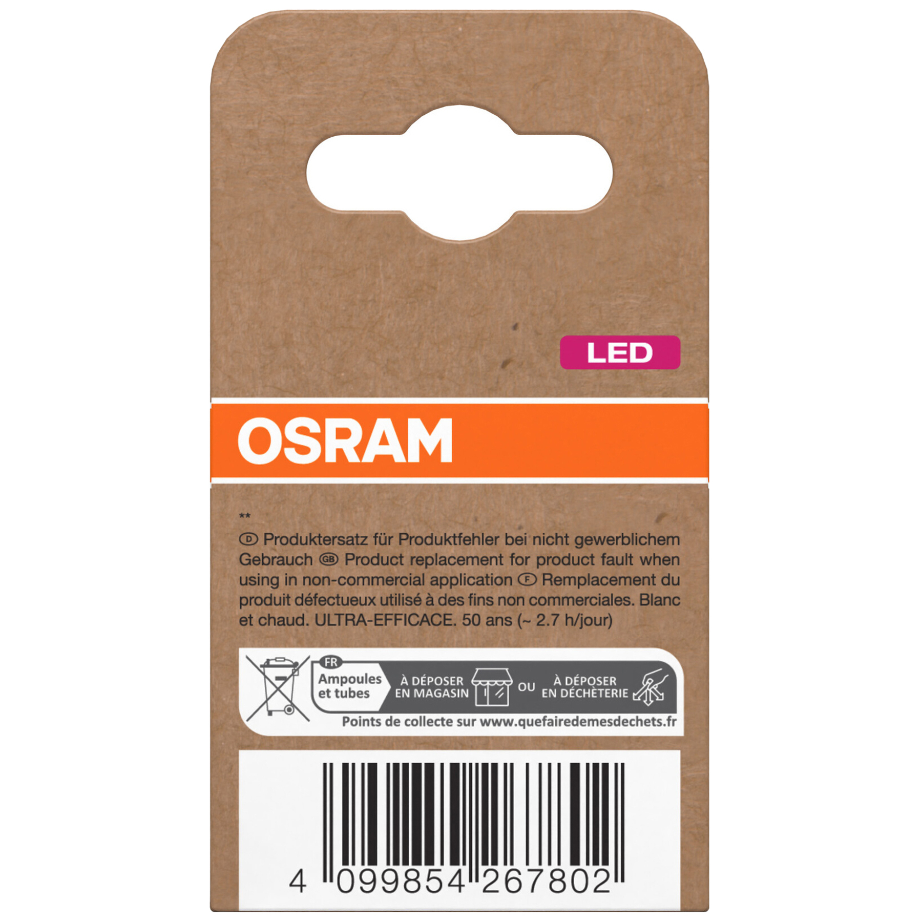 Kartonverpackung für eine OSRAM LED-Lampe. Sie hat Text, einen Barcode und ein Loch zum Aufhängen. Der Markenname ist sichtbar.