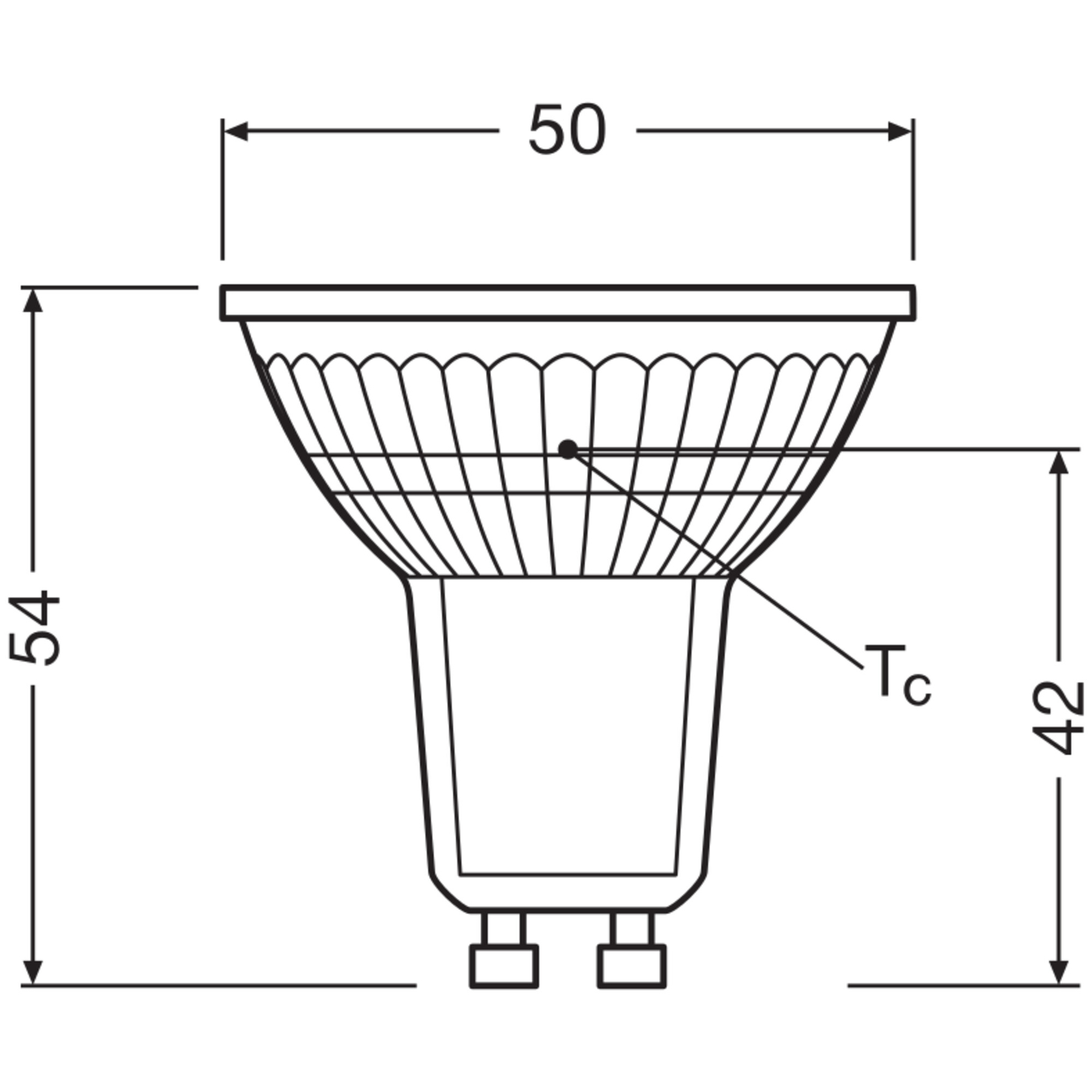 Diagramm einer Glühbirne. Es hat die Maße 50, 54 und 42. Enthält eine 'Tc'-Markierung.