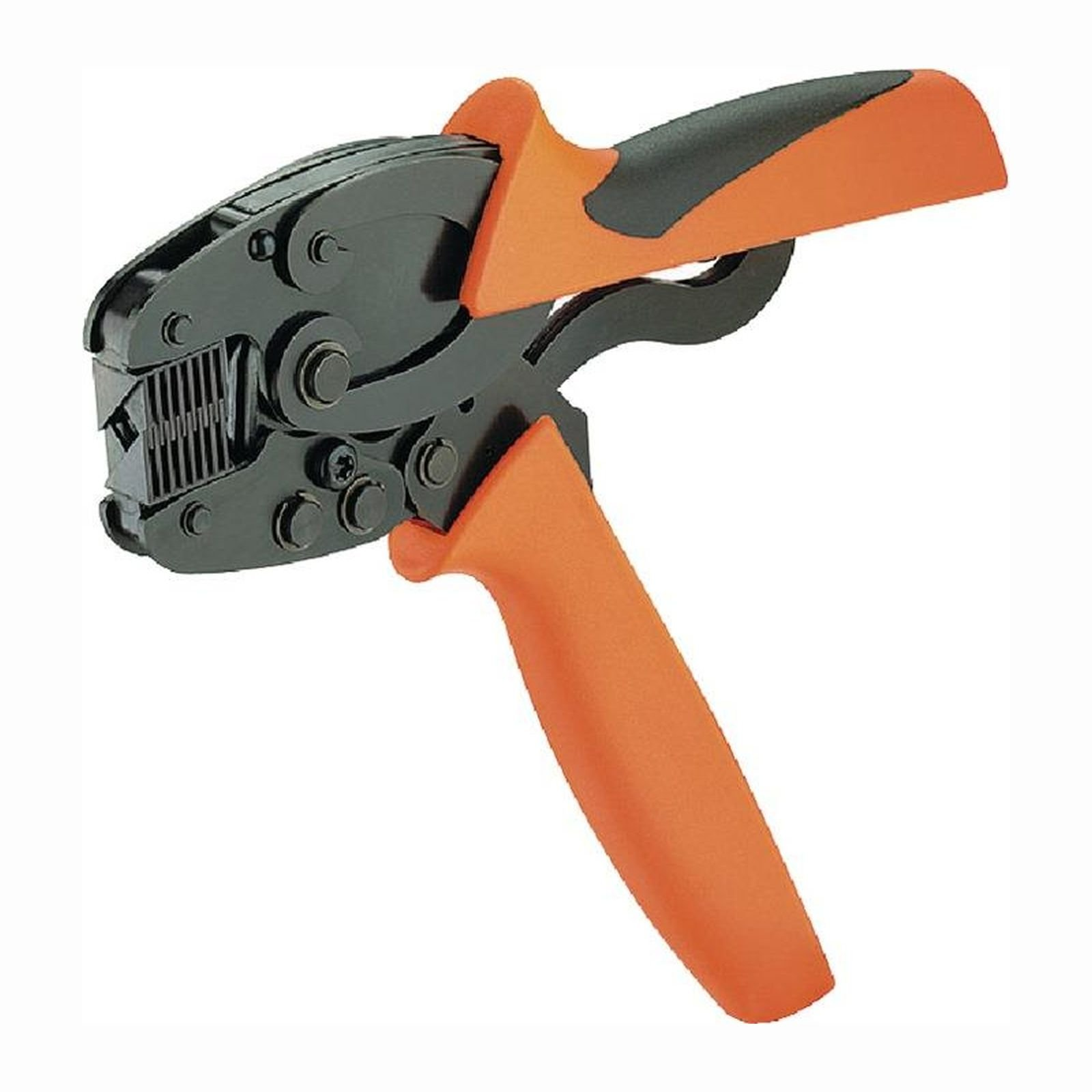 Pinza crimpatrice con manici arancioni e testa nera. È su sfondo bianco.