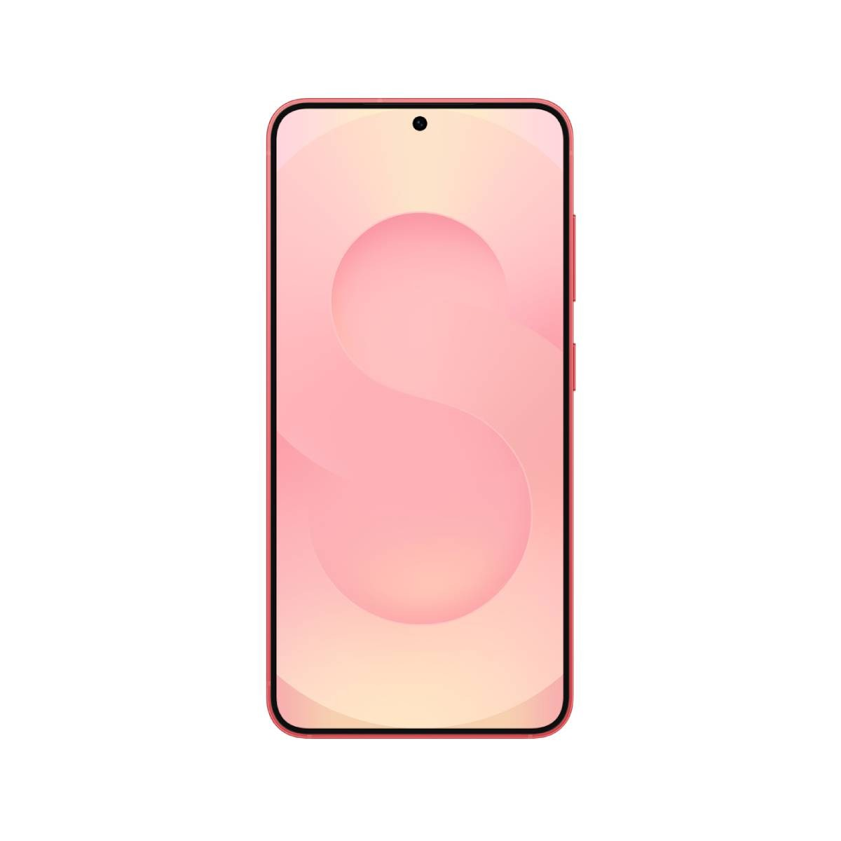 Różowy smartfon z zakrzywionym ekranem. Ekran wyświetla różowo-żółty gradient z białym kształtem 'S'.