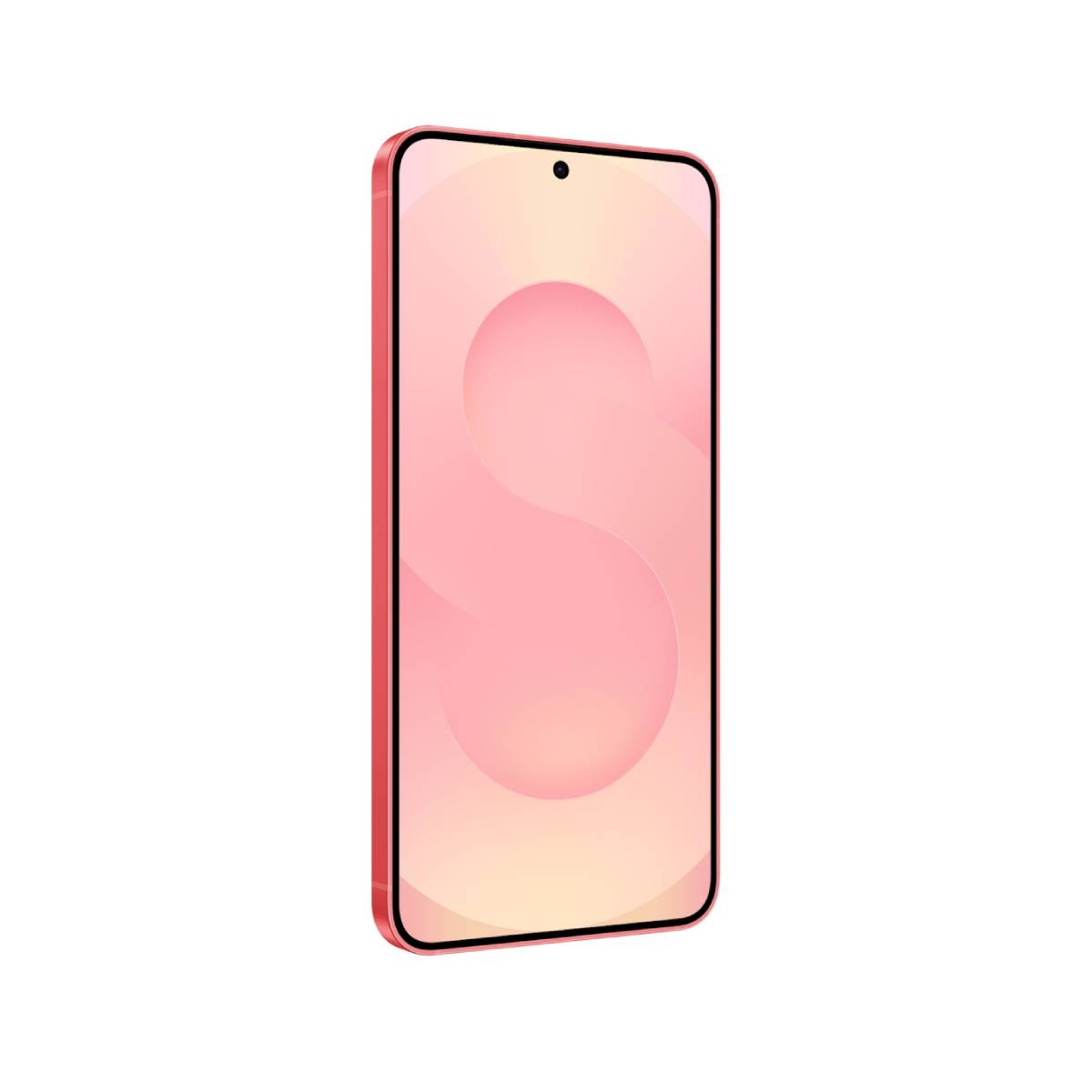 Różowy smartfon z zakrzywionym ekranem. Ma aparat u góry. Ekran wyświetla gradient od różowego do żółtego.