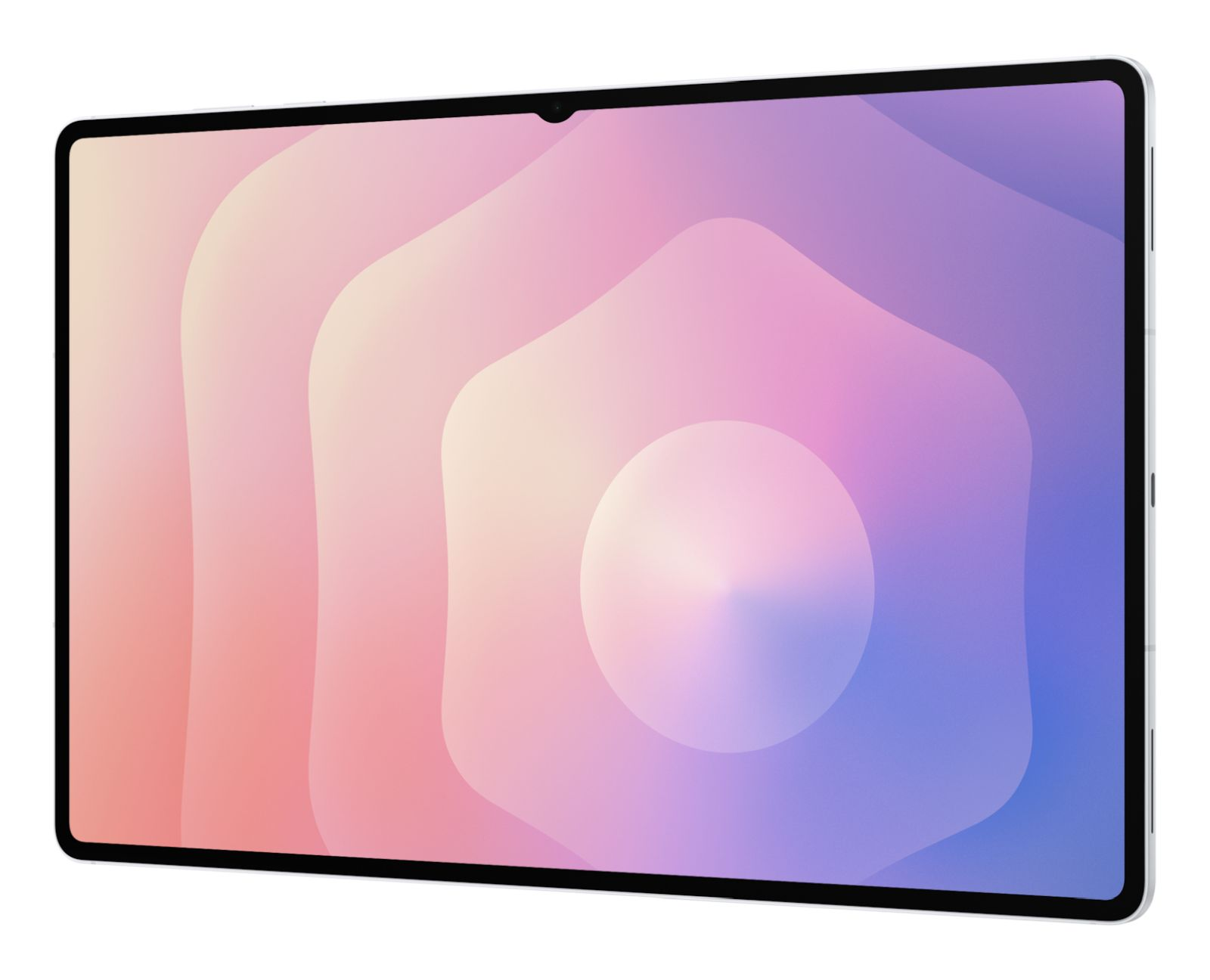 Een tablet met een kleurrijk gradiënt display. Het scherm toont roze, paarse en blauwe vormen. De tablet heeft een zilveren frame.
