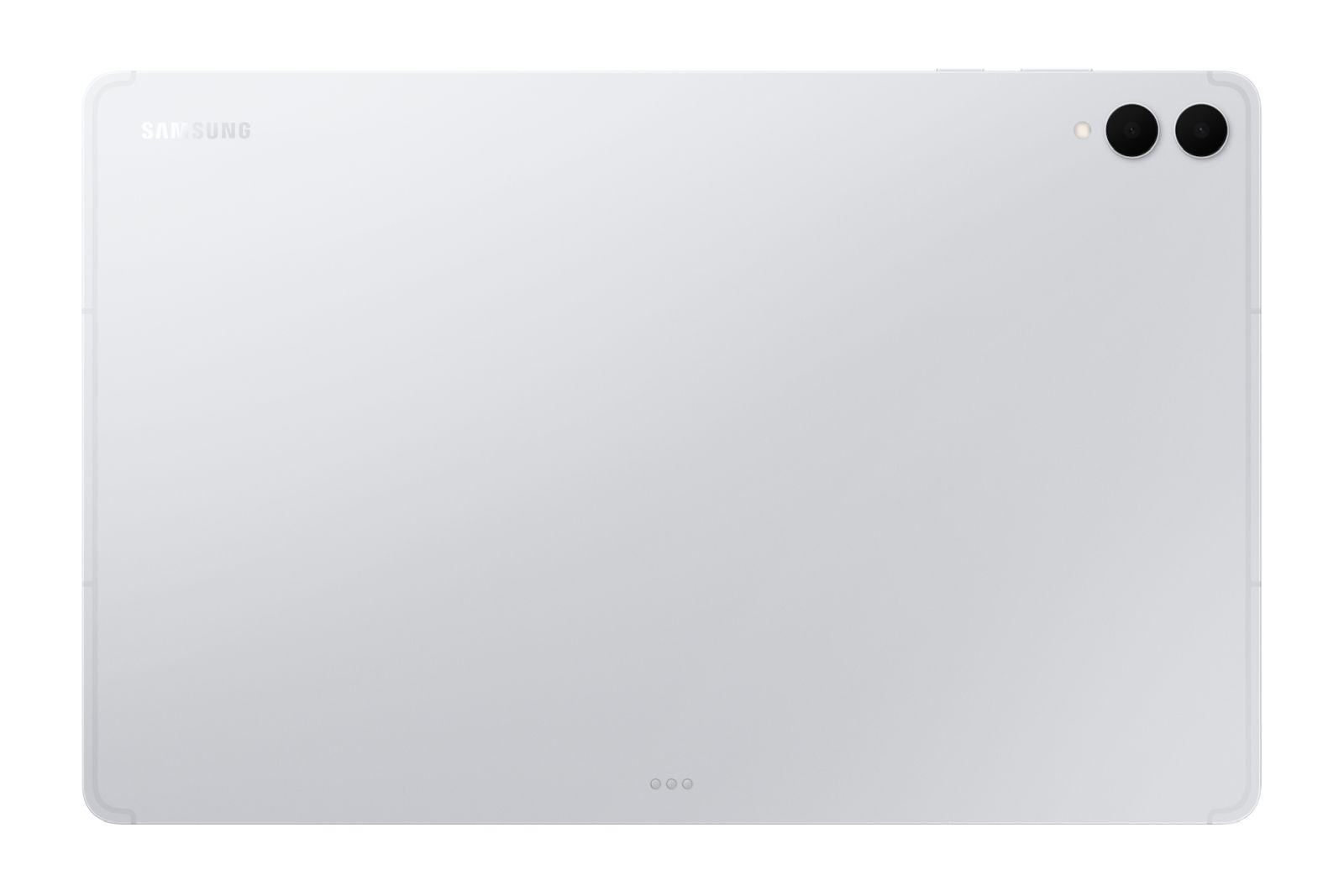 Een witte Samsung tablet. Het heeft een camera- en flitsmodule rechtsboven. Het Samsung-logo staat linksboven.
