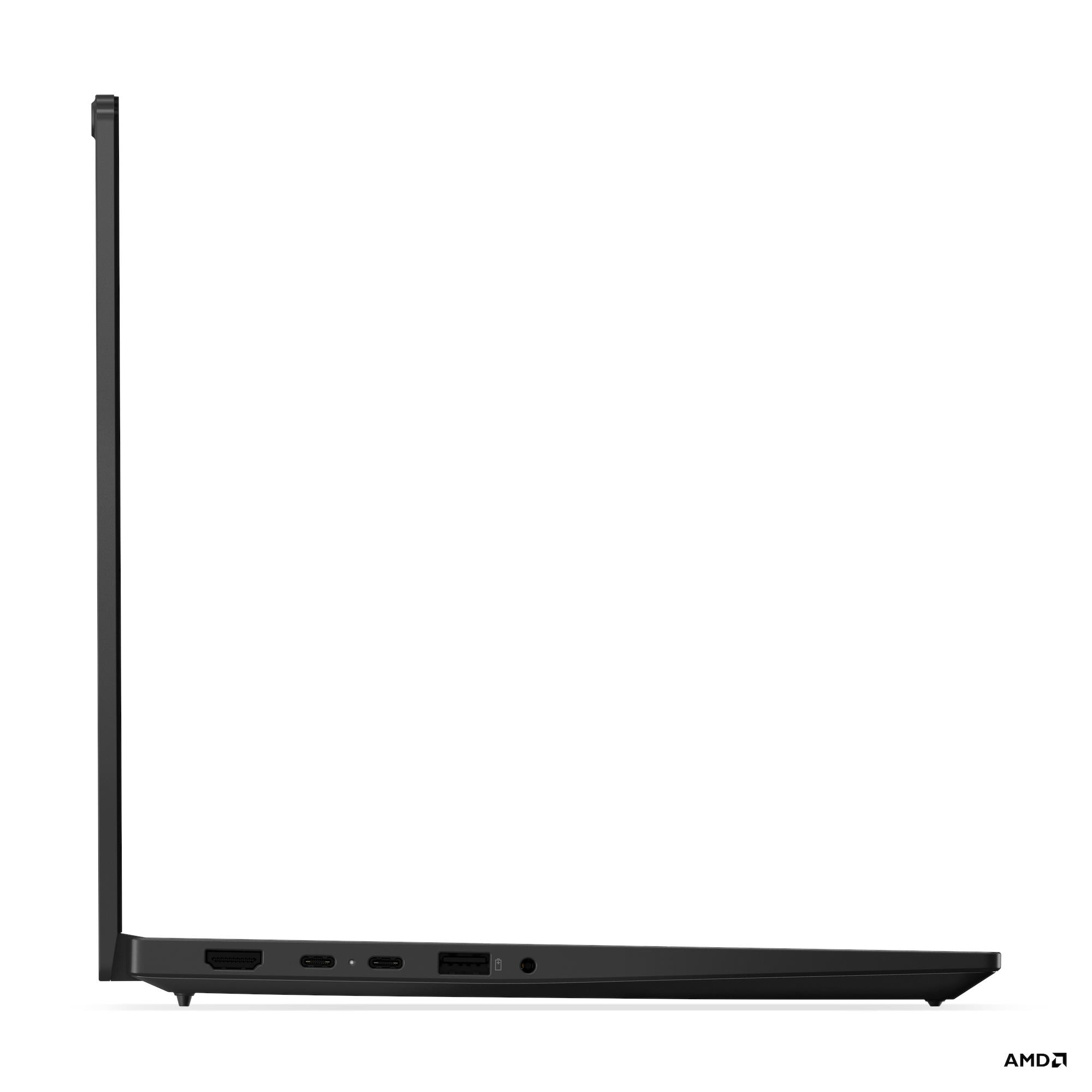 Vista laterale di un laptop nero su sfondo bianco. Porte e logo AMD visibili.