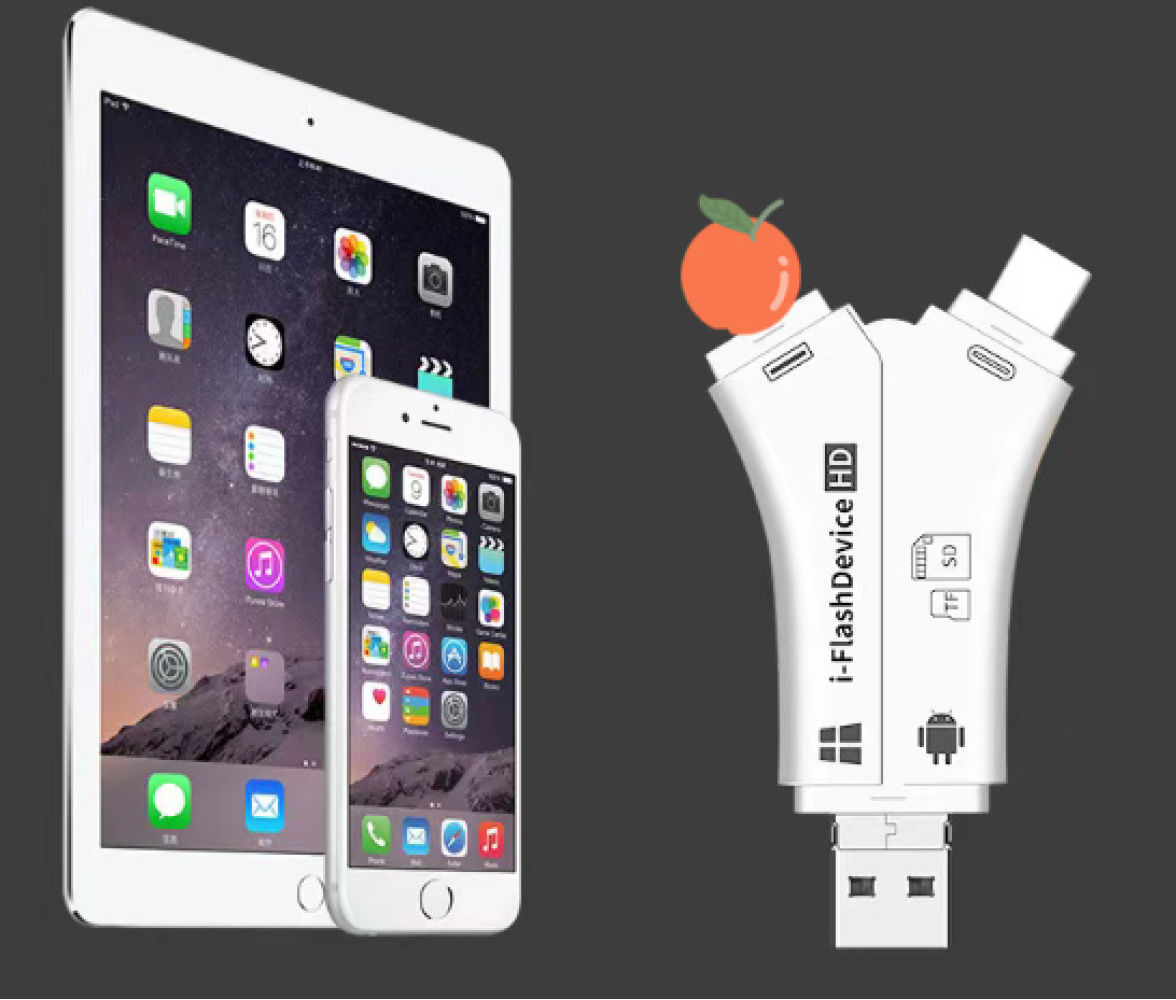 Ein iPad und ein iPhone stehen neben einem weißen i-FlashDevice HD. Eine orangefarbene Frucht sitzt oben auf dem Gerät.
