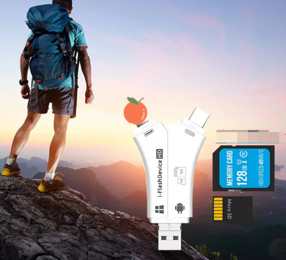 Ein Wanderer mit Rucksack steht auf einem Berg. Ein weißes USB-Gerät und Speicherkarten sind im Vordergrund. Ein Apfel schwebt darüber.