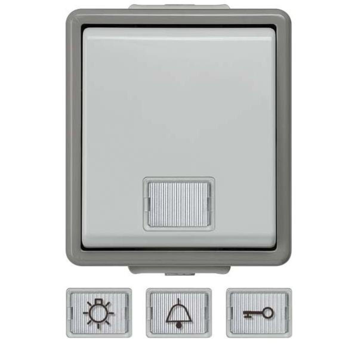Un interruttore grigio con una piccola finestra e tre icone sotto: una lampadina, una campana e una chiave.