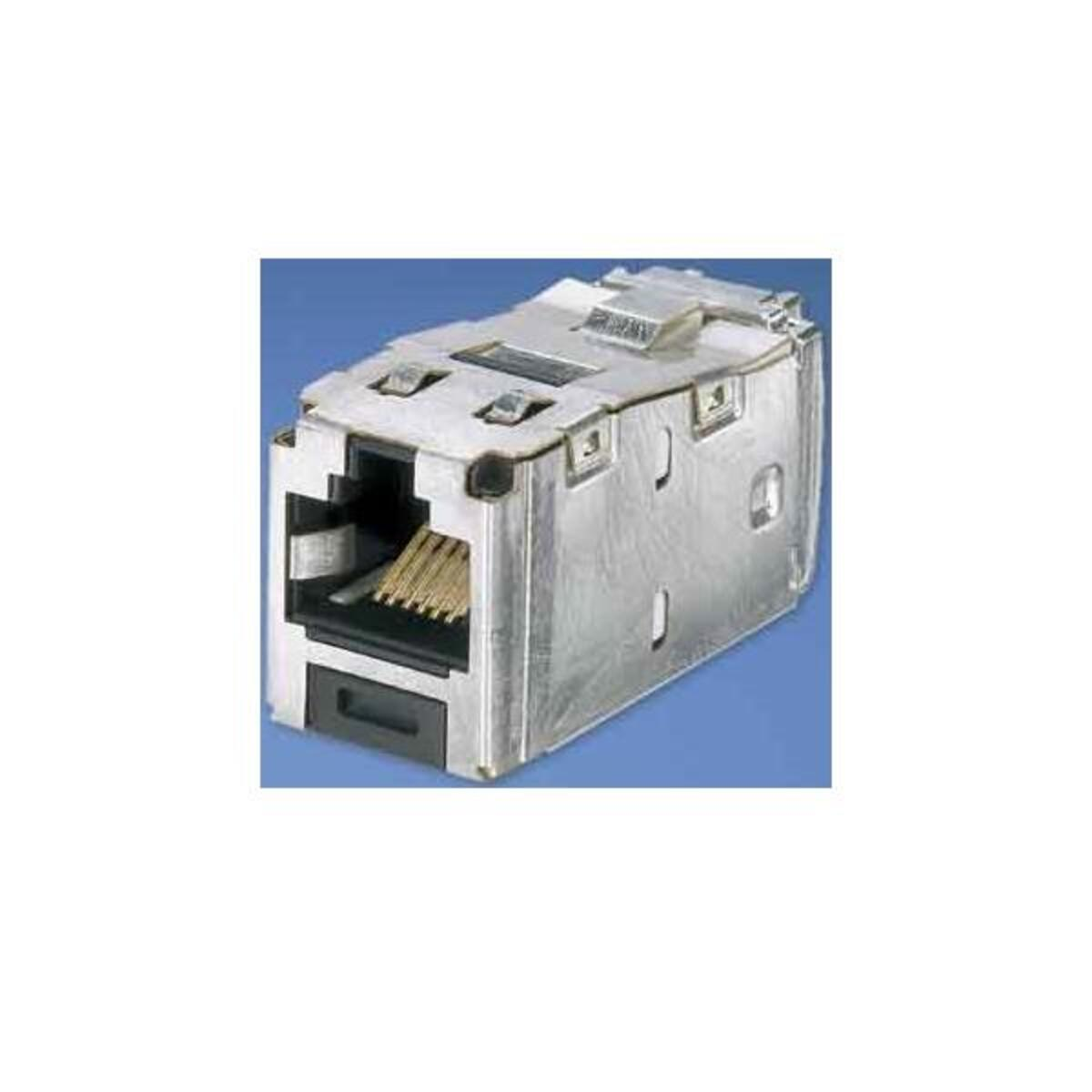Un connettore RJ45 metallico, color argento, con pin visibili all'interno. Si trova su uno sfondo blu.