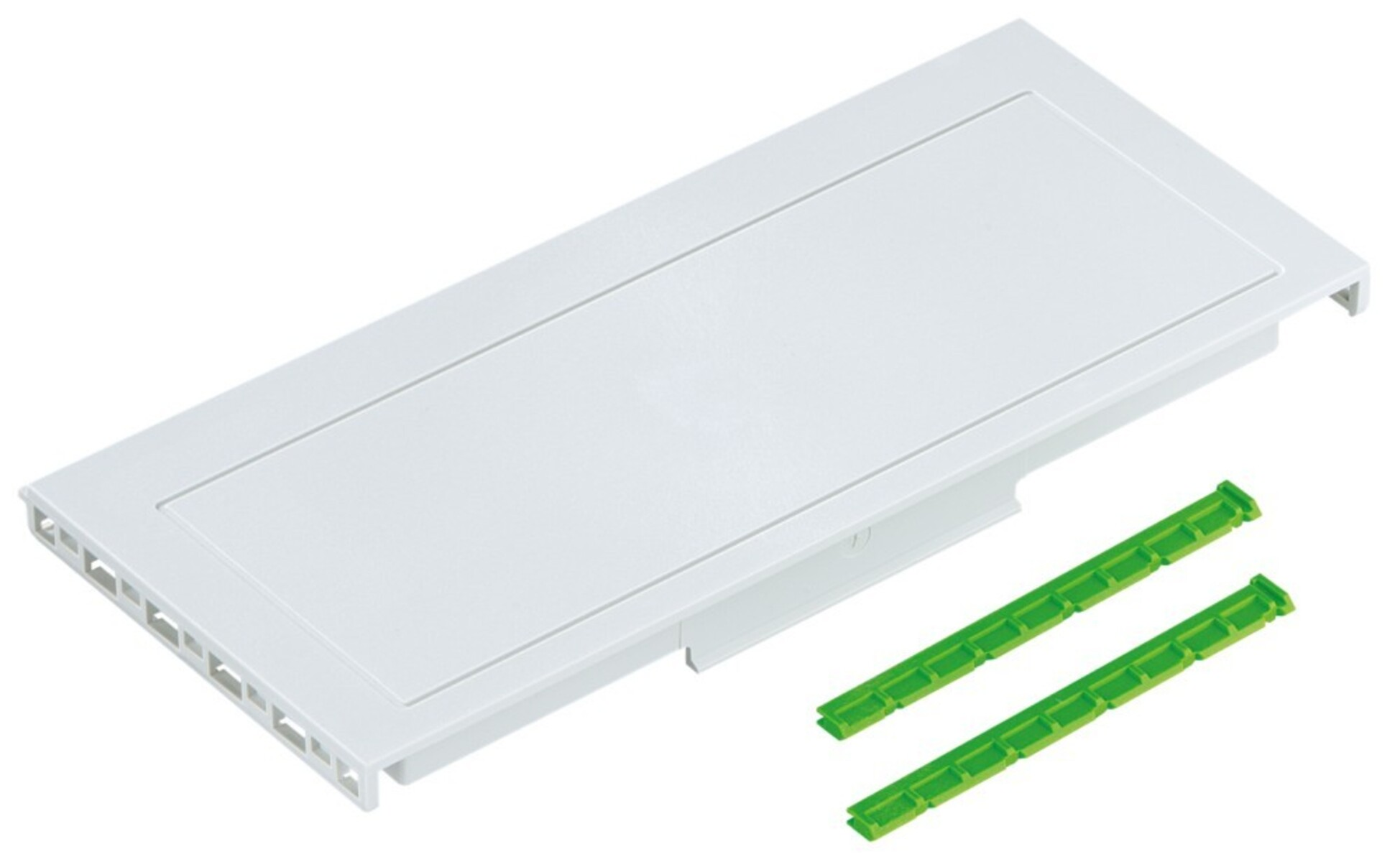 Componente rettangolare bianco con due componenti verdi, rettangolari e scanalati. Il componente bianco ha una parte superiore rientrante.