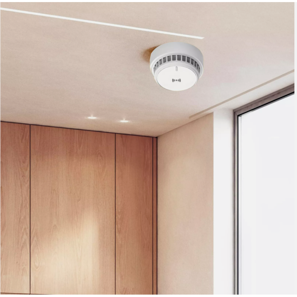 Ein Rauchmelder an einer beige Decke. Holzschränke sind links. Ein Fenster ist rechts.