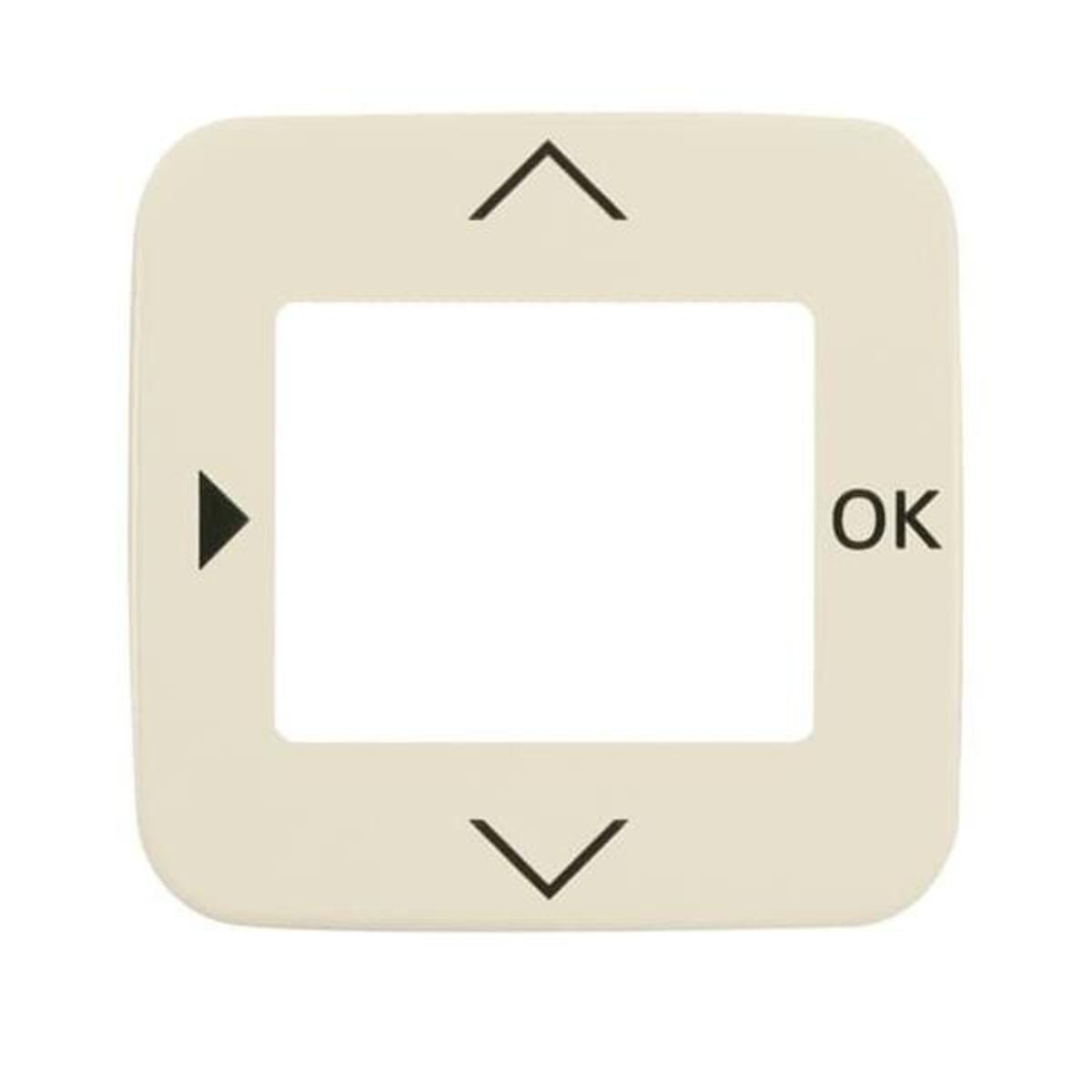Una cornice quadrata bianco sporco con un centro bianco. Frecce e la parola 'OK' sono all'interno. Un triangolo punta a sinistra.
