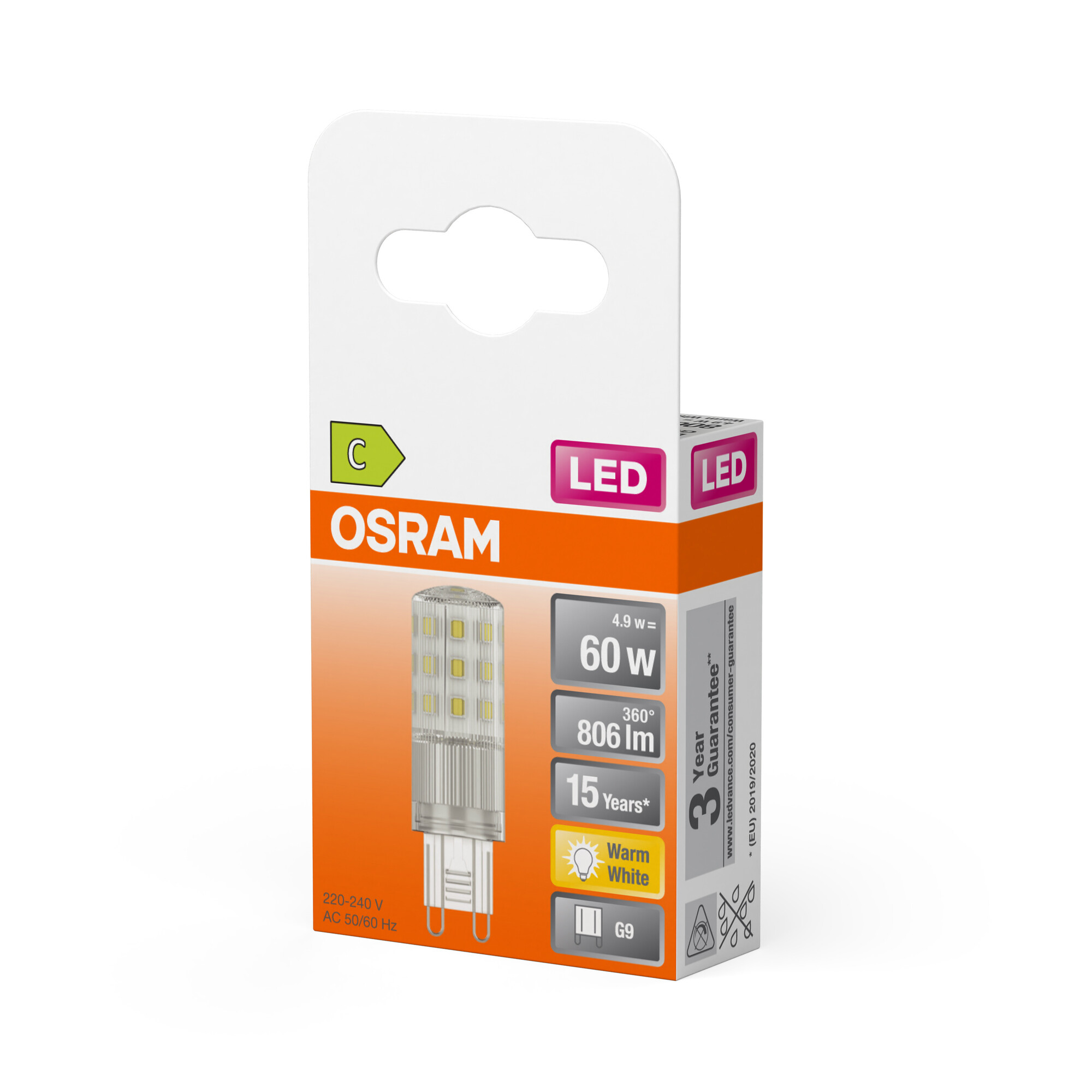 Una confezione di lampadina LED Osram. Ha una combinazione di colori bianco e arancione. Info chiave: 60W, 806 lm, 15 anni, bianco caldo, G9.