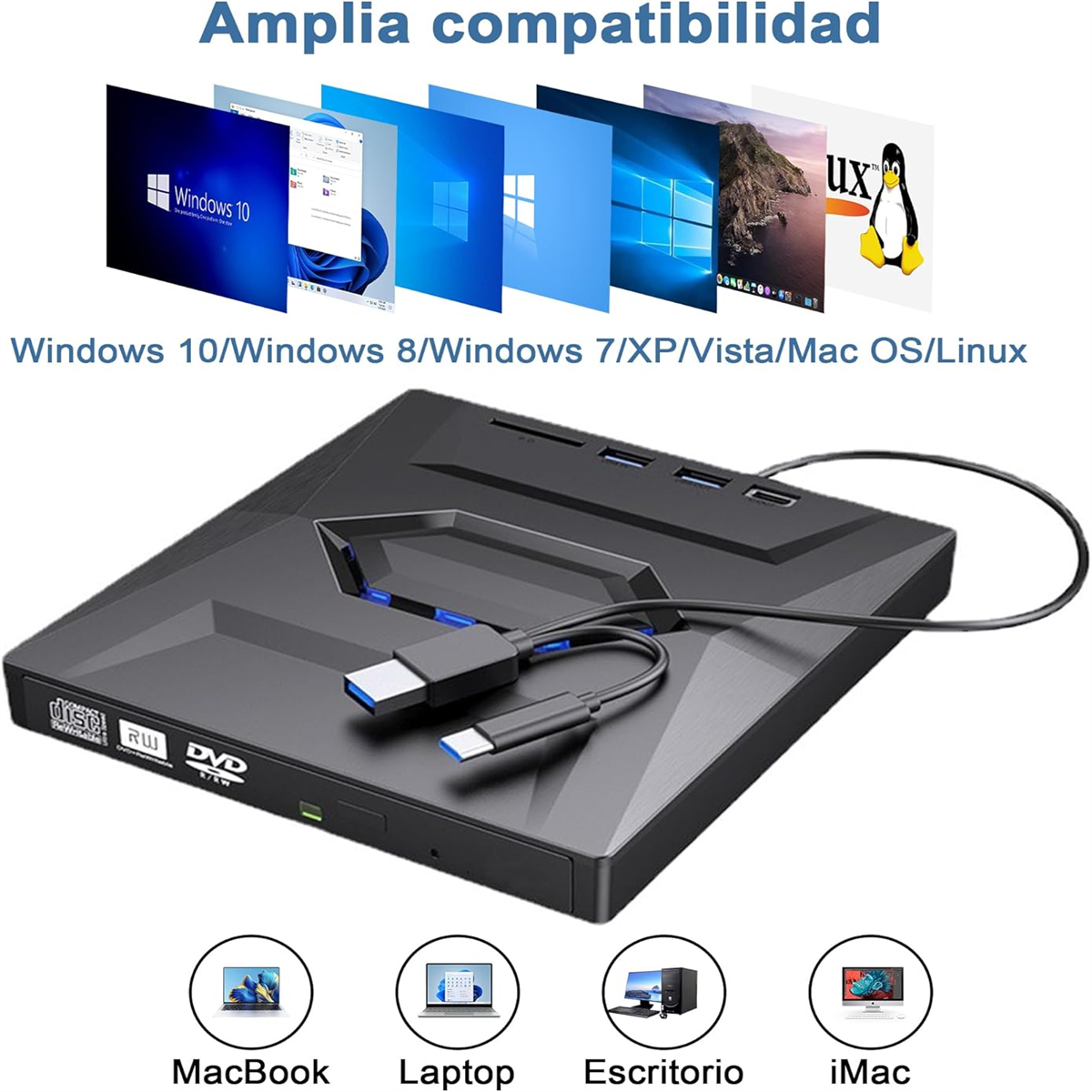 Ein schwarzes externes DVD-Laufwerk mit USB-Kabeln, Bilder von verschiedenen Betriebssystemen und Computern werden ebenfalls angezeigt.