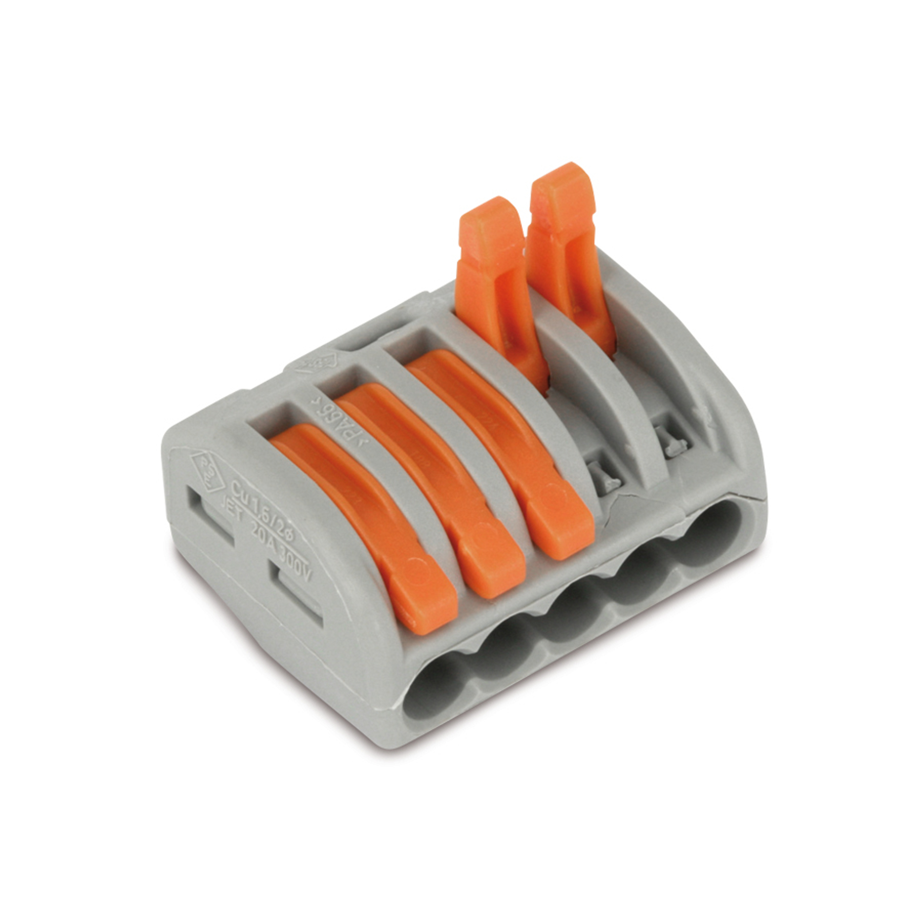 Un connettore per cavi elettrici grigio e arancione. Ha leve arancioni e fessure per i fili.