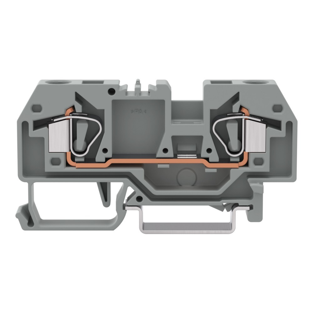 Una sezione trasversale di un terminale elettrico grigio. Ha cablaggio in rame, clip in metallo argentato e un involucro di plastica. Lo sfondo è bianco.