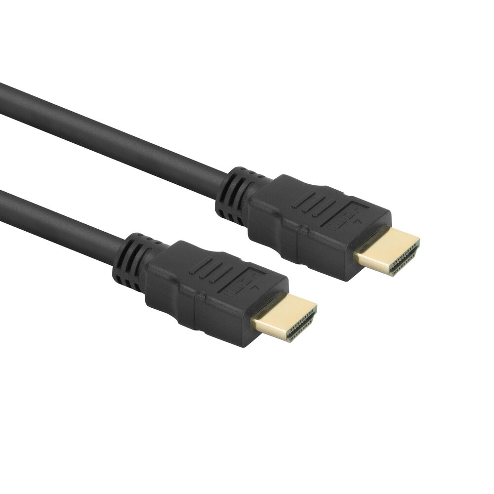 Twee zwarte HDMI-kabels met gouden connectoren. Eén kabel staat op de voorgrond, de andere iets erachter, beide op een witte achtergrond.