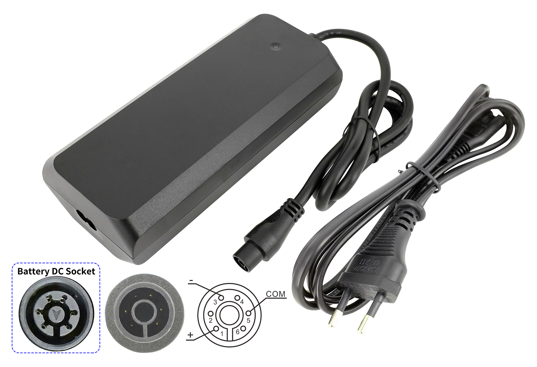 Ein schwarzes Netzteil mit Kabel und Stecker. Enthält ein Diagramm einer Batterie-DC-Buchse und deren Pinbelegung.