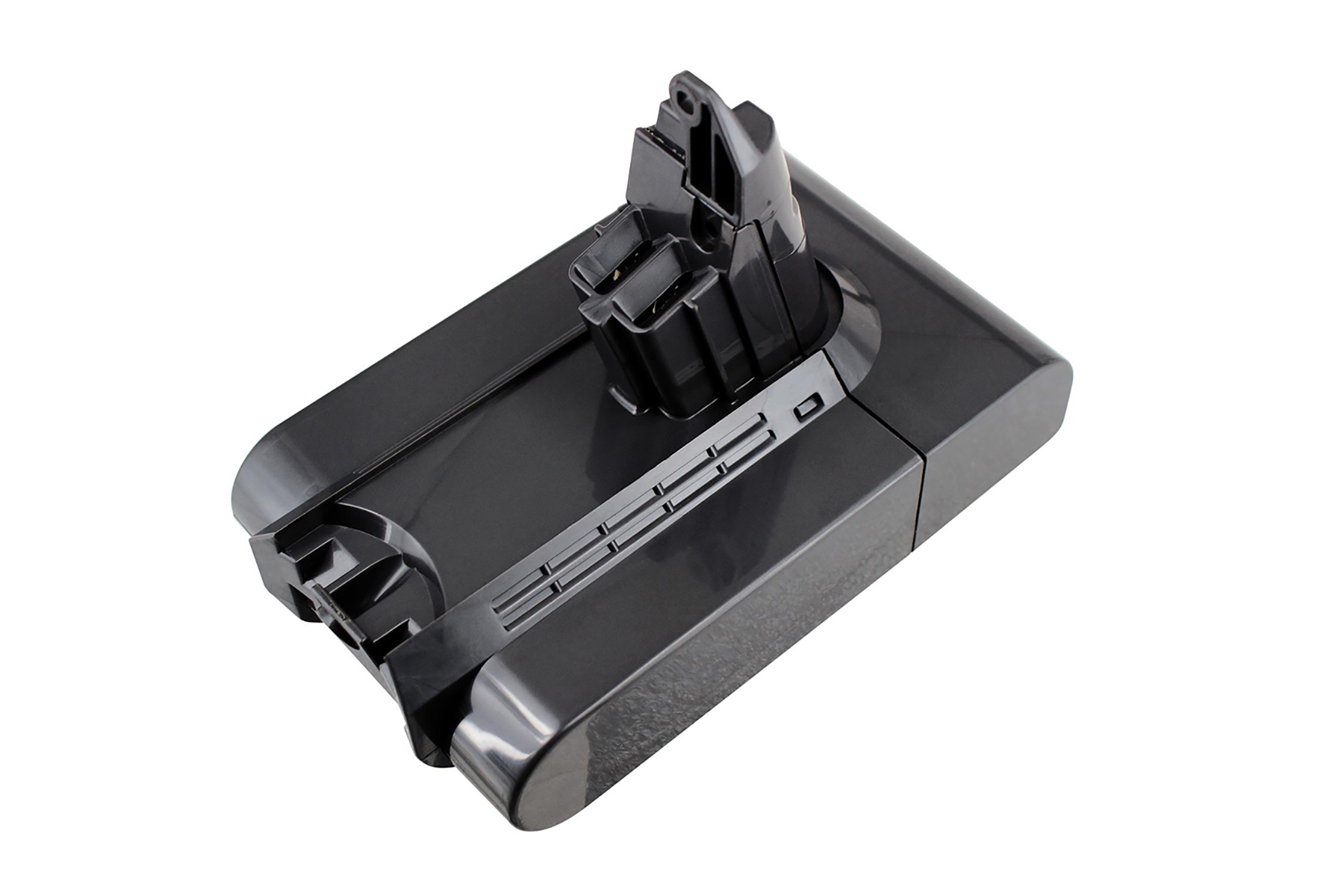 Ein dunkelgrauer Dyson-Staubsaugerakku. Er hat eine rechteckige Basis und einen aufrechten Stecker. Der Hintergrund ist weiß.