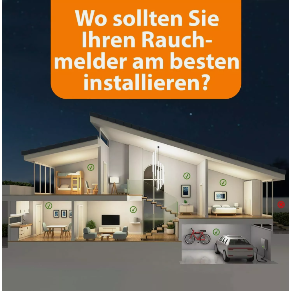 Querschnitt eines Hauses zeigt empfohlene Rauchmelderstandorte. Ein orangefarbenes Banner fragt, wo sie installiert werden sollen.