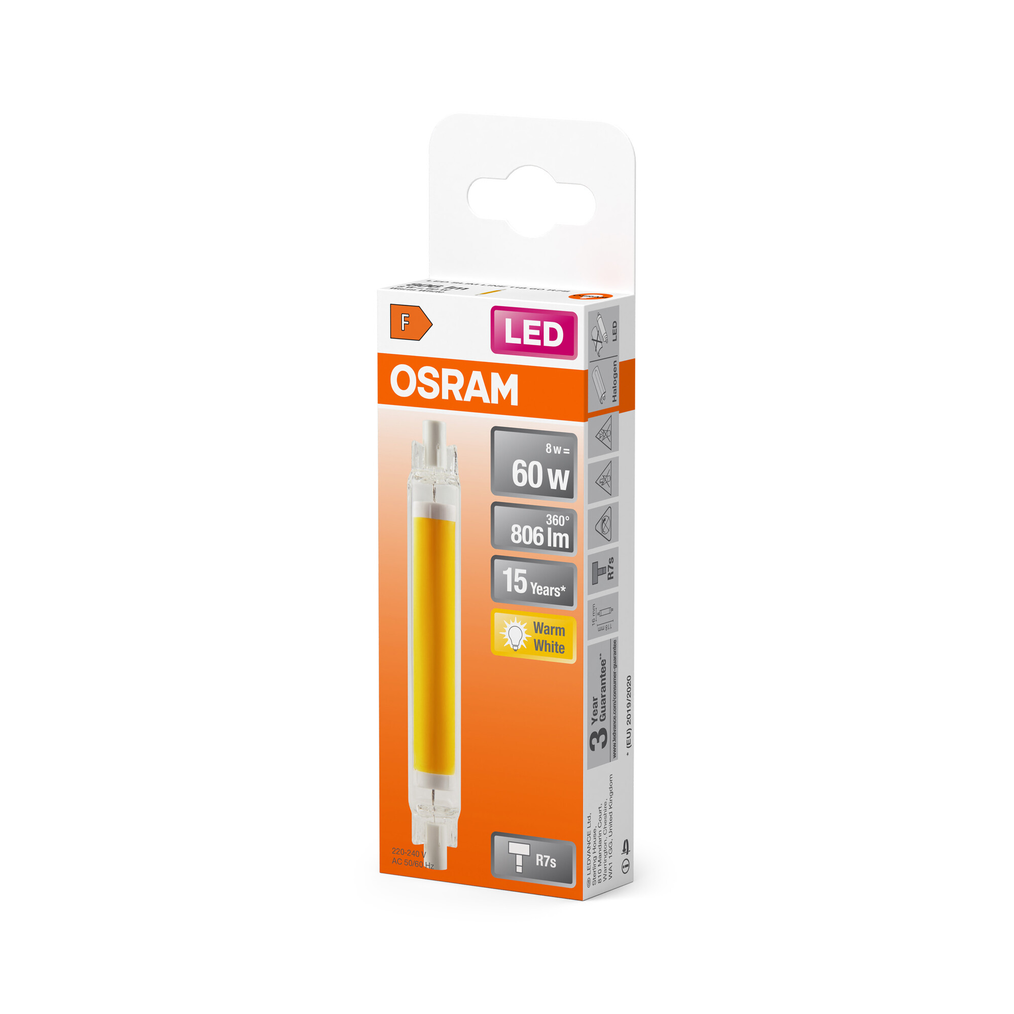 OSRAM LED-Glühbirne in Verpackung. Weiß-orangene Box. Merkmale LED, 8W, 60W, 806lm, 15 Jahre, warmweiß und R7s.
