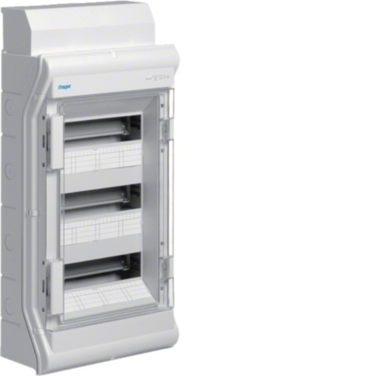 Un pannello elettrico bianco con porta trasparente. Ha diversi scomparti all'interno. Il marchio 'hager' è visibile.