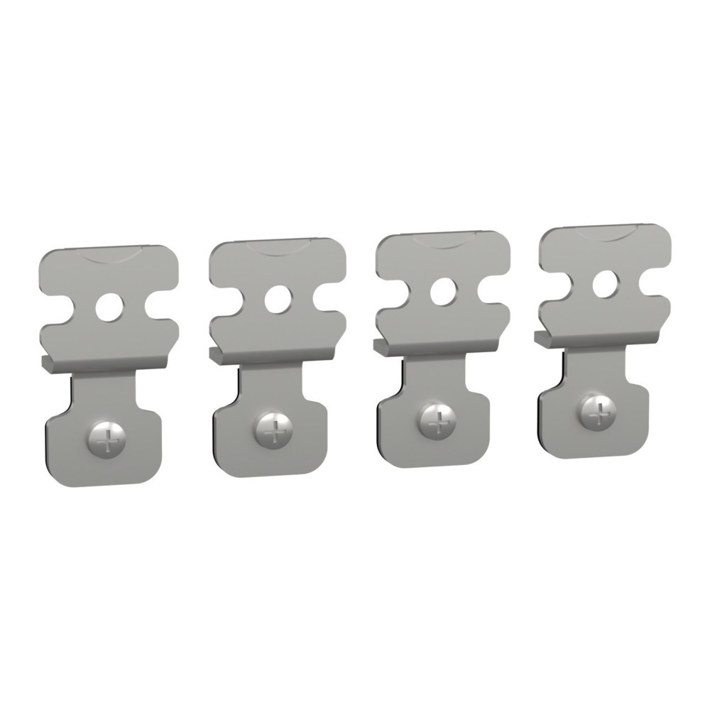 Quattro clip metalliche grigie con viti disposte orizzontalmente su sfondo bianco. Ogni clip ha una forma simile.