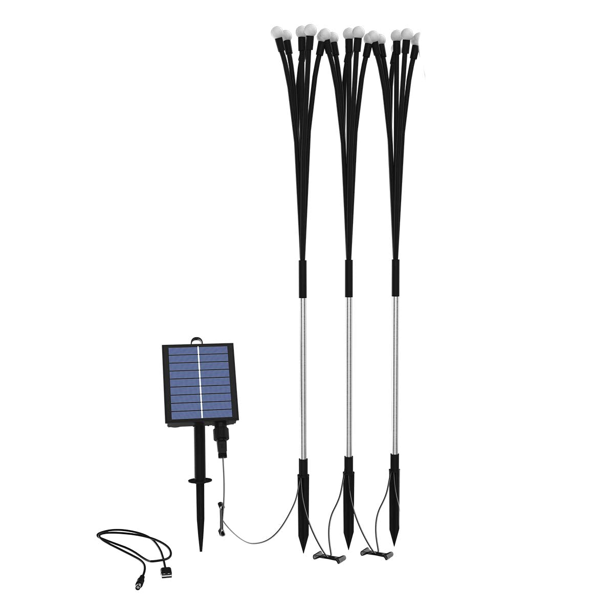 Solarbetriebene Gartenleuchten. Drei Leuchtsets mit weißen Glühbirnen, schwarzen Stielen und einem Solarpanel auf weißem Hintergrund.