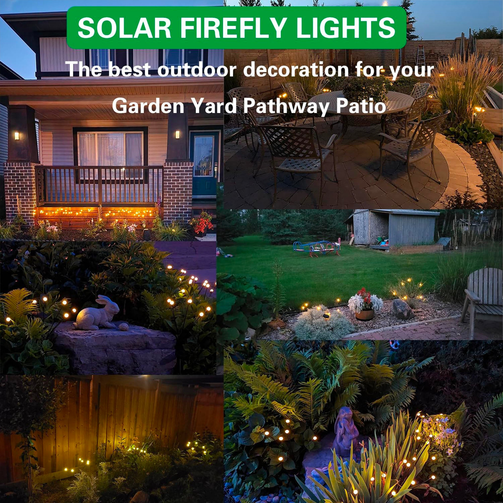 Außenszene mit Solar-Glühwürmchenlichtern, die ein Haus, einen Garten, eine Terrasse und einen Rasen beleuchten. Verschiedene dekorative Einstellungen.