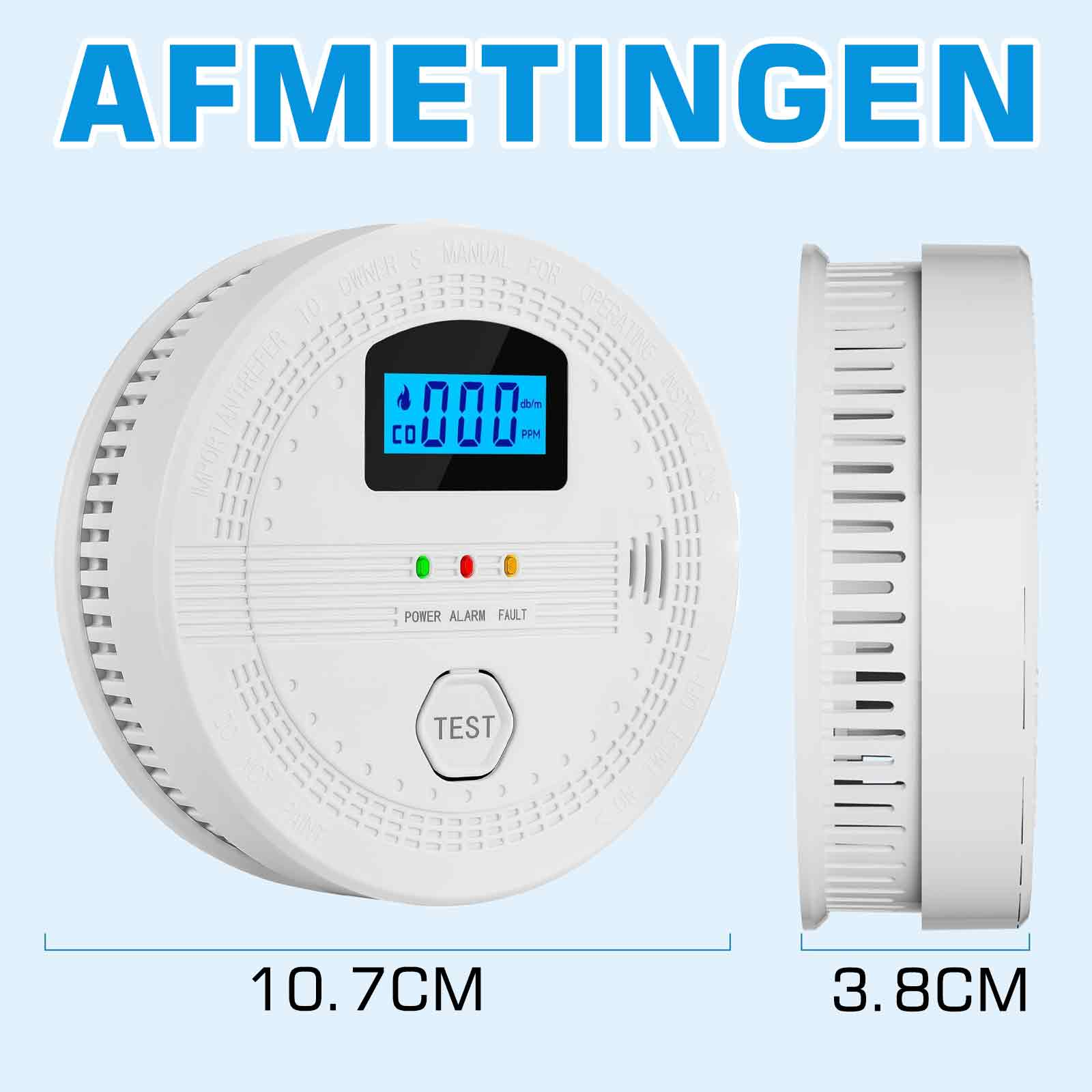Ein weißer Kohlenmonoxid-Detektor mit Digitalanzeige '000'. Er hat eine Testtaste und beschriftete Abmessungen.