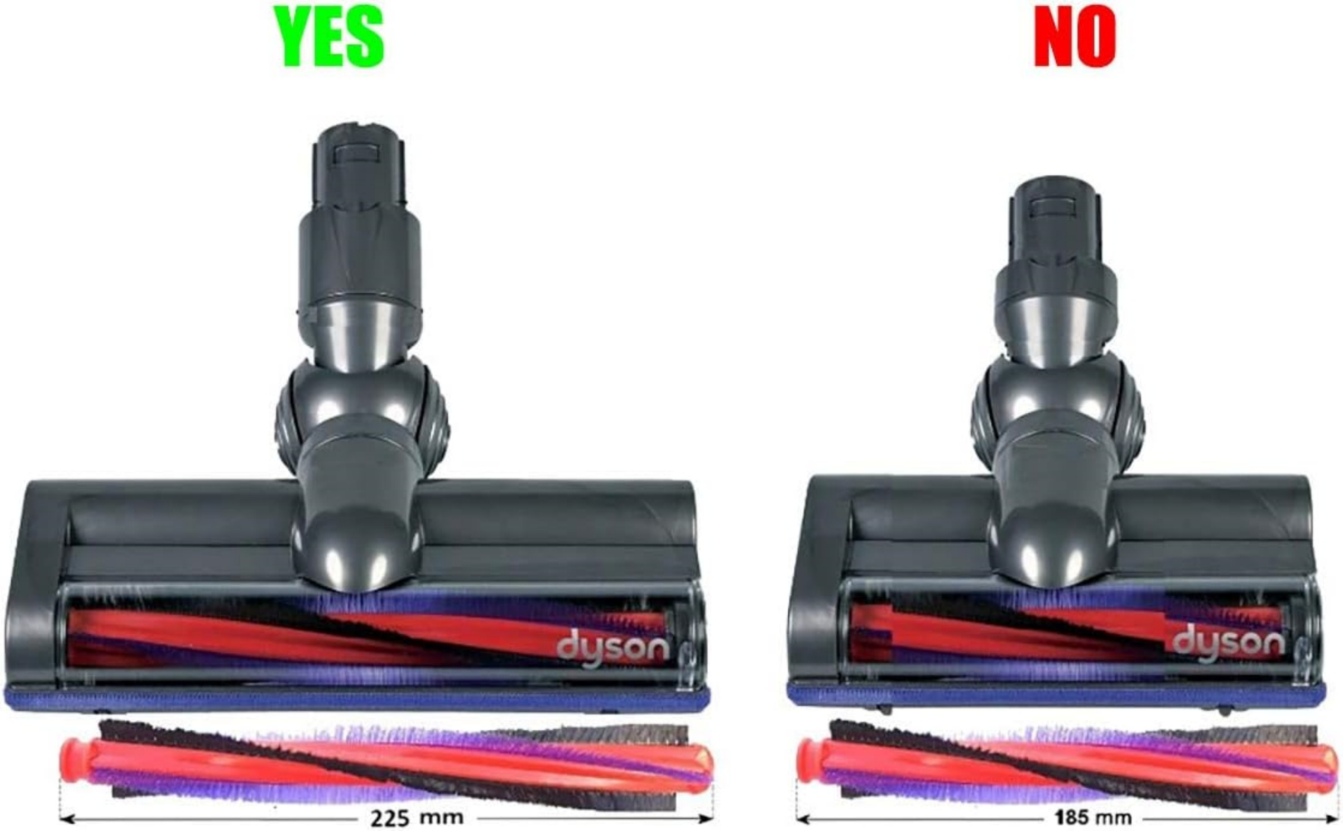 Das Bild zeigt zwei Dyson-Staubsaugerköpfe. Einer ist mit 'JA' gekennzeichnet, der andere mit 'NEIN'. Beide haben rote und schwarze Bürsten.