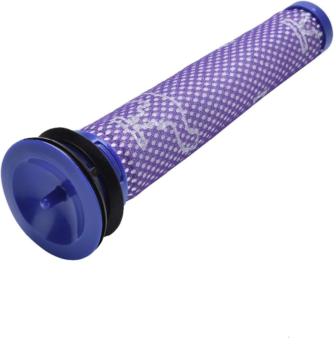 Ein zylindrischer Staubsaugerfilter. Er hat einen lila Mesh-Körper mit weißen Punkten und blaue und schwarze Kunststoffenden.