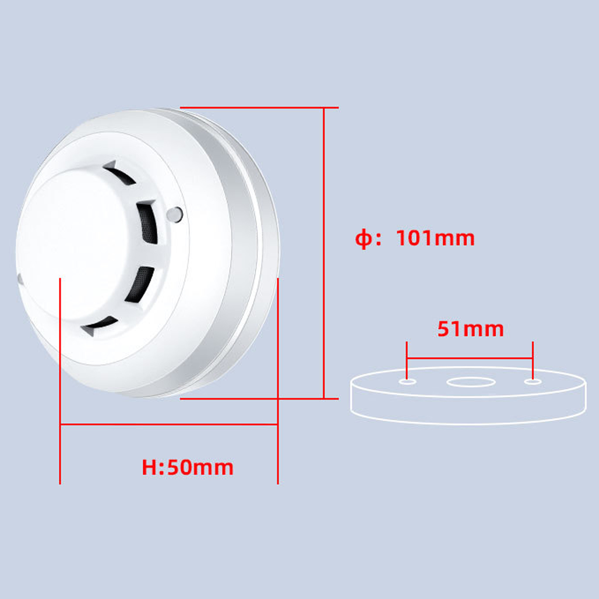 Weißer Rauchmelder mit angegebenen Abmessungen. Er hat eine runde Form mit einem Sockel, der Durchmesser beträgt 101 mm, die Höhe 50 mm und die Sockelbreite 51 mm.