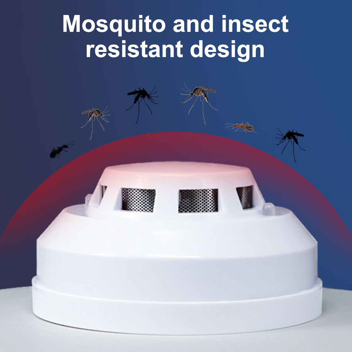 Weißes, insektenresistentes Gerät mit Insekten darum, vor blau-rotem Hintergrund. Text: 'Moskito- und Insektenresistentes Design'.