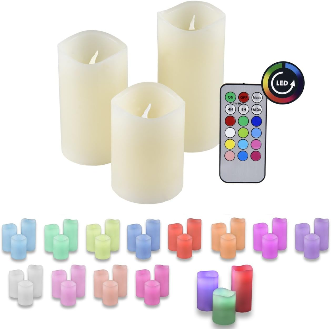 Drei elfenbeinfarbene LED-Kerzen mit Fernbedienung und verschiedenen farbigen Kerzensets.