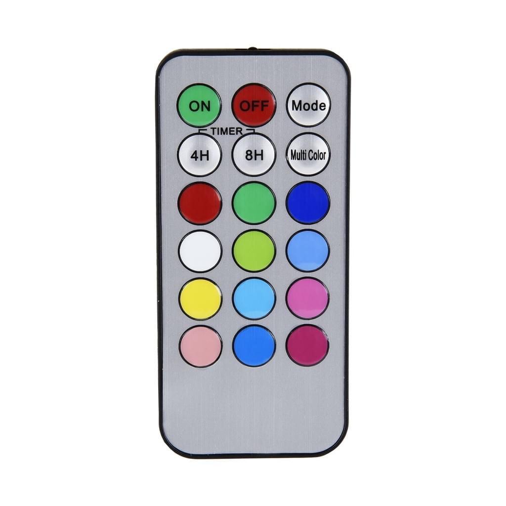 Eine silberne Fernbedienung mit farbigen Knöpfen für Lichter, beschriftet mit 'ON', 'OFF', 'Mode', '4H', '8H' und 'Multi Color'.